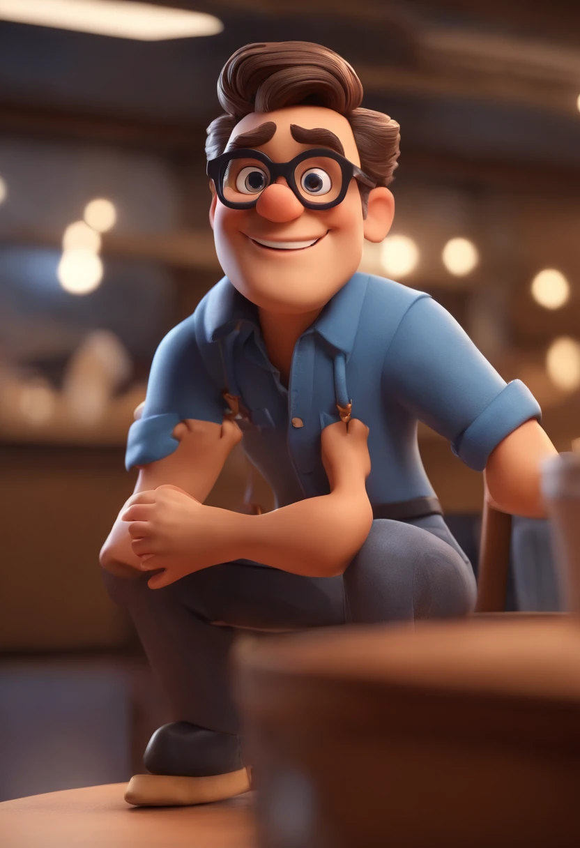 Cartoon character of a man wearing black glasses and a blue shirt, um personagem animado, Caractere estilizado, animation style rendering, 3D estilizado, Arnold Maya render, 3 d render stylized, toon render keyshot, Personagem 3D, Personagem 3D, 3d rendering stylized, 3 d character render, personagem de desenho animado, Personagem de close up, Pose de personagem, (Estilo Pixar) (master part:1.2) (Bokeh) (best quality) (pele detalhada) (textura detalhada) (8k) (argila) (Cinematic lighting) (foco nítido,Senta e vaza a parte superior do corpo