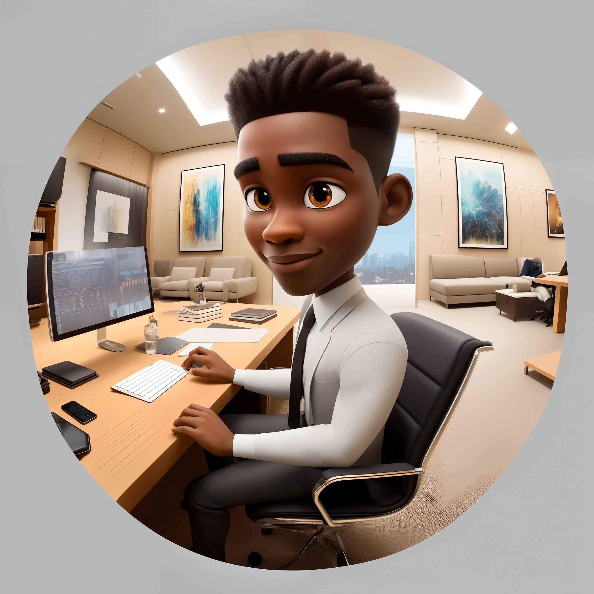 A 3D movie poster in Disney-Pixar style of a Black man with a nudred hairstyle on top, gradually fading on the sides, brown eyes shining, and a slight stubble. He is dressed in formal attire, wearing black pants and a white shirt. He is in a spacious, well-lit and modern office with beautiful contemporary paintings on the wall. The man is sitting in an office chair, working on a computer. There is a smartphone on the desk beside him. The wide-angle view captures his entire body, showing him wearing a pair of Nike Jordan boots. The image is highly detailed, realistic, and of high quality.