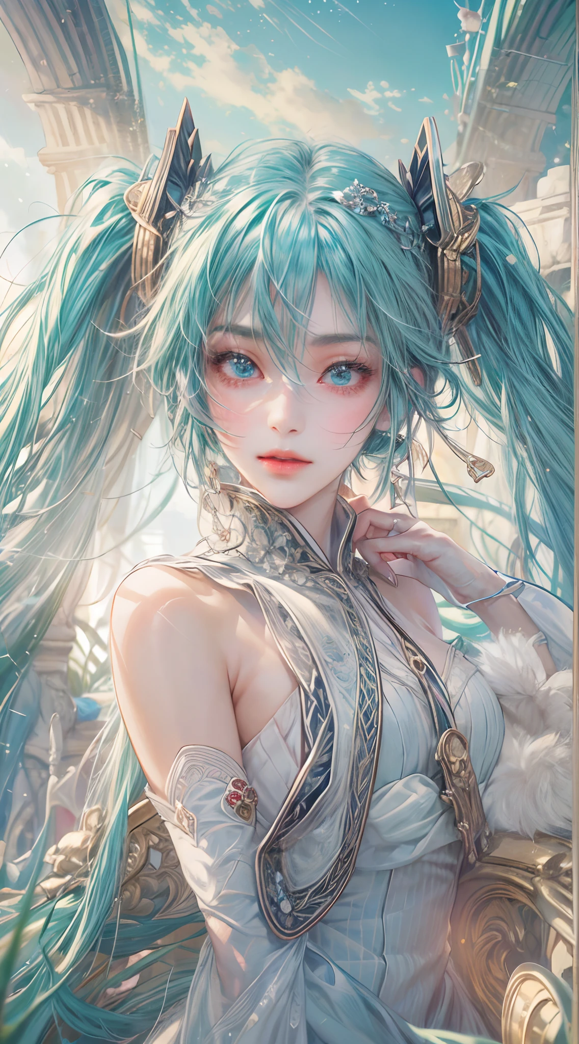 Absurdres masterpiece HDR high quality picture of Hatsune Miku, detailed face, detailed hair strands, beautiful face, simple pose, very long hair, ((random hair style:1 )) , anime eyes, light skin ,
Valkyrie outfit , detailed hair ornaments , beautiful background, masterpiece scenery