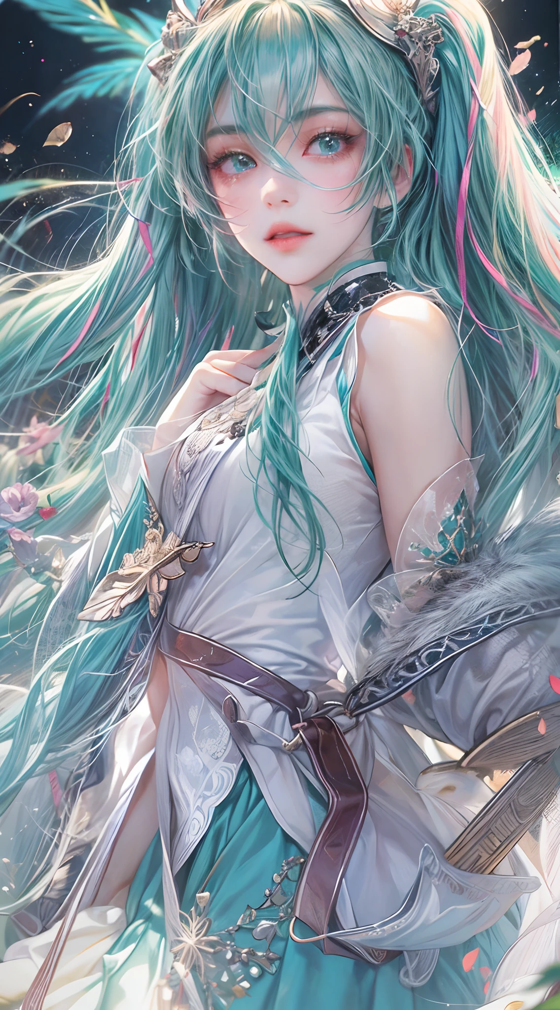 Absurdres masterpiece HDR high quality picture of Hatsune Miku, detailed face, detailed hair strands, beautiful face, simple pose, very long hair, ((random hair style:1 )) , anime eyes, light skin , 

Valkyrie outfit , detailed hair ornaments  , beautiful background, masterpiece scenery