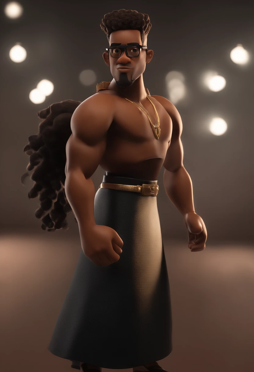 Black man cartoon character wearing black glasses and a black dress shirt , um personagem animado, Caractere estilizado, animation style rendering, 3D estilizado, Arnold Maya render, 3 d render stylized, toon render keyshot, Personagem 3D, Personagem 3D, 3d rendering stylized, 3 d character render, personagem de desenho animado, Personagem de close up, Pose de personagem, (Estilo Pixar) (master part:1.2) (Bokeh) (best quality) (pele detalhada) (textura detalhada) (8k) (argila) (Cinematic lighting) (foco nítido，Senta e vaza a parte superior do corpo, African Strong Traits, olhos grandes ,sem barba, careca, mas com cabelo  ondulado na lateral, Black dress pants and dress shoes