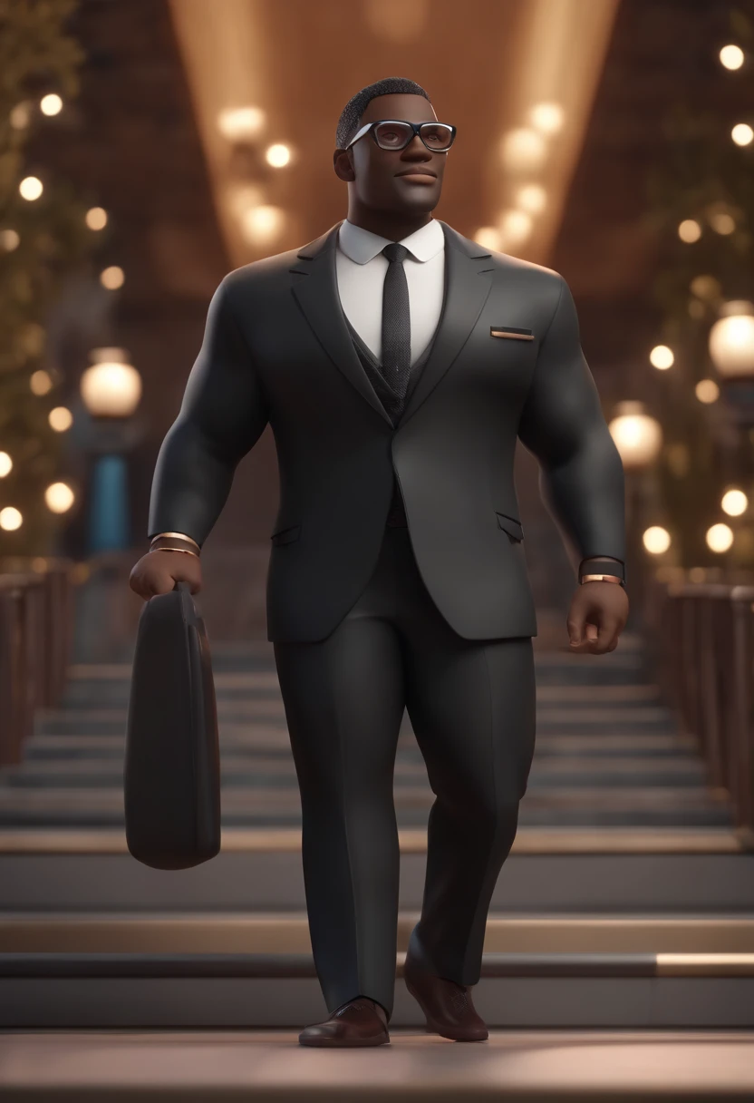Black man cartoon character wearing black glasses and a black dress shirt , um personagem animado, Caractere estilizado, animation style rendering, 3D estilizado, Arnold Maya render, 3 d render stylized, toon render keyshot, Personagem 3D, Personagem 3D, 3d rendering stylized, 3 d character render, personagem de desenho animado, Personagem de close up, Pose de personagem, (Estilo Pixar) (master part:1.2) (Bokeh) (best quality) (pele detalhada) (textura detalhada) (8k) (argila) (Cinematic lighting) (foco nítido,Senta e vaza a parte superior do corpo, African Strong Traits, olhos grandes ,sem barba, careca, mas com cabelo ondulado na lateral, Black dress pants and dress shoes