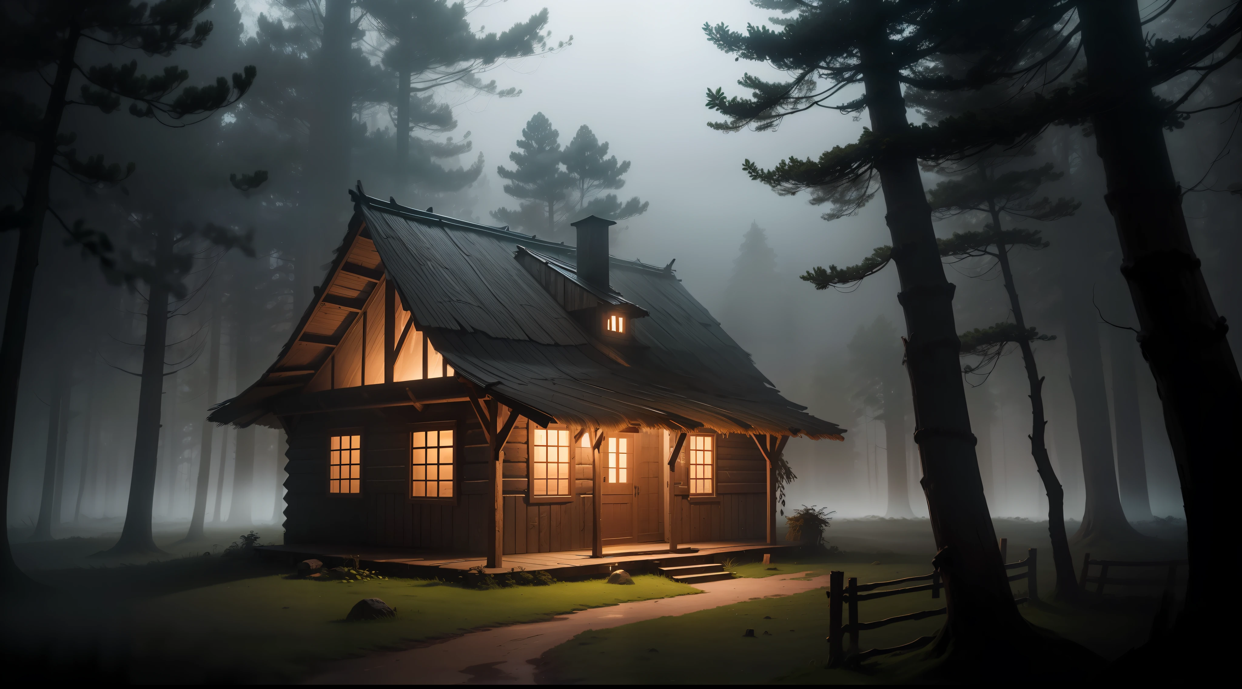 A rustic wooden hut in the forest, sombria, com atmosfera de terror, em uma noite assustadora, shrouded in dense fog and overcast skies, in a deep darkness.