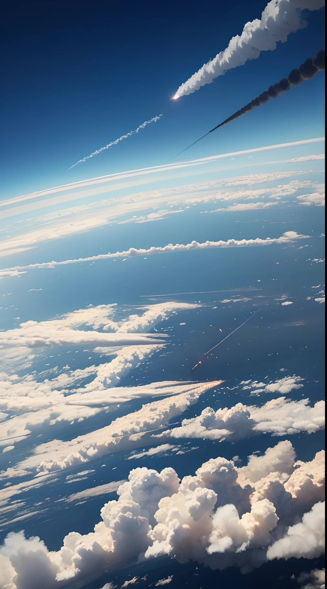 a beautiful city being attacked by missiles,, hundreds of missiles flying in the middle of the sky, scenes of missiles crossing the clouds, a scene seen from above showing houses built below, missile interception defense system activated.