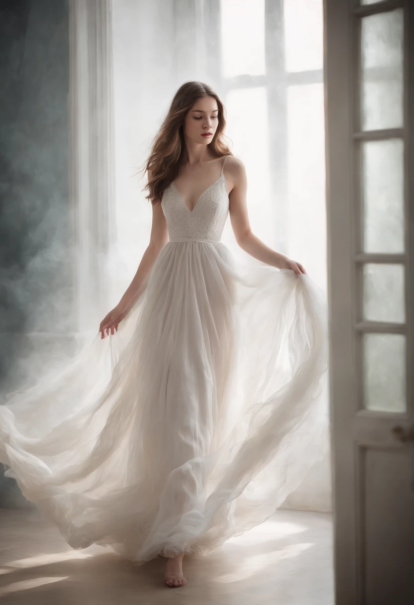 a drawing of a teenage girl walking down an endless foggy hallway full of doors wearing a long flowy gown, figurative art, detailed fantasy illustration, mysterious, whimsical, blurry and dreamy illustration, a beautiful artwork illustration, wearing a flowing white gown, inky illustration, long hair, barefoot, flowing dress, sketch illustration, mixed media style illustration