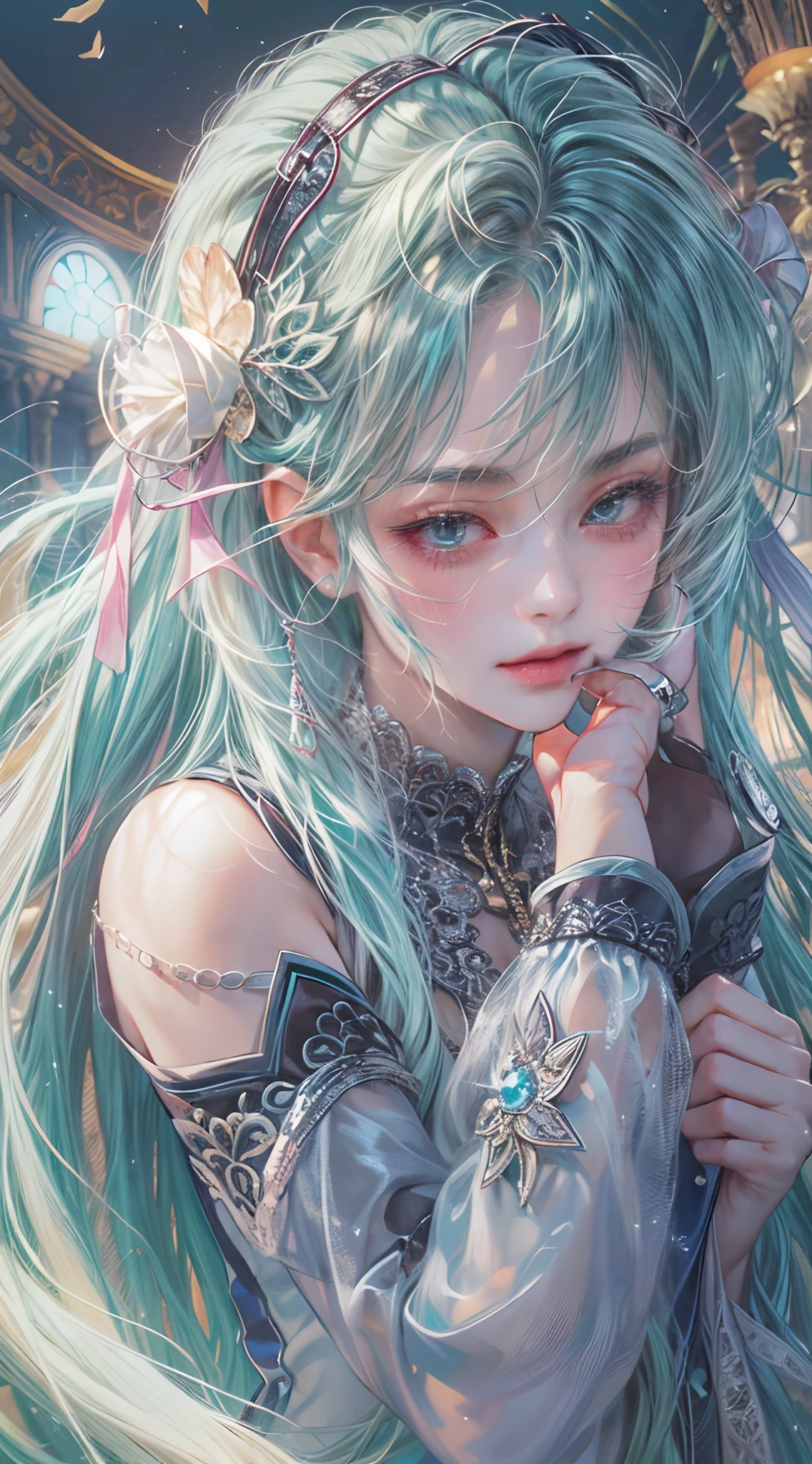 Absurdres masterpiece HDR high quality picture of Hatsune Miku, detailed face, simple hair design , beautiful face, simple pose hands hiding in her long hair, very long hair, ((random hair style:1 )) , anime eyes, light skin ,
Valkyrie outfit , detailed hair ornaments , beautiful background, masterpiece scenery