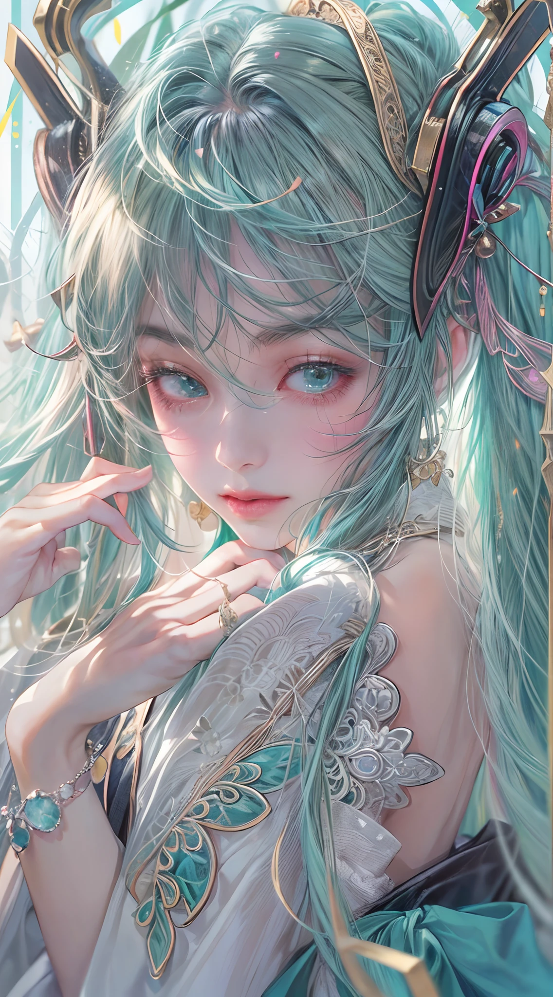 Absurdres masterpiece HDR high quality picture of Hatsune Miku, detailed face, simple hair design , beautiful face, simple pose hands hiding in her long hair, very long hair, ((random hair style:1 )) , anime eyes, light skin ,
Valkyrie outfit , detailed hair ornaments , beautiful background, masterpiece scenery