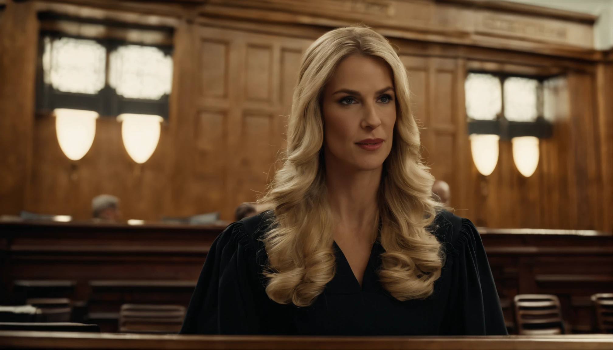 Describe a blonde judge with long hair in a courtroom using detailed language. Include information about physical appearance, como cabelo, Eyes and facial expression, as well as the typical attire of a judge. Emphasize traits that highlight your authority and impartiality in the courtroom.