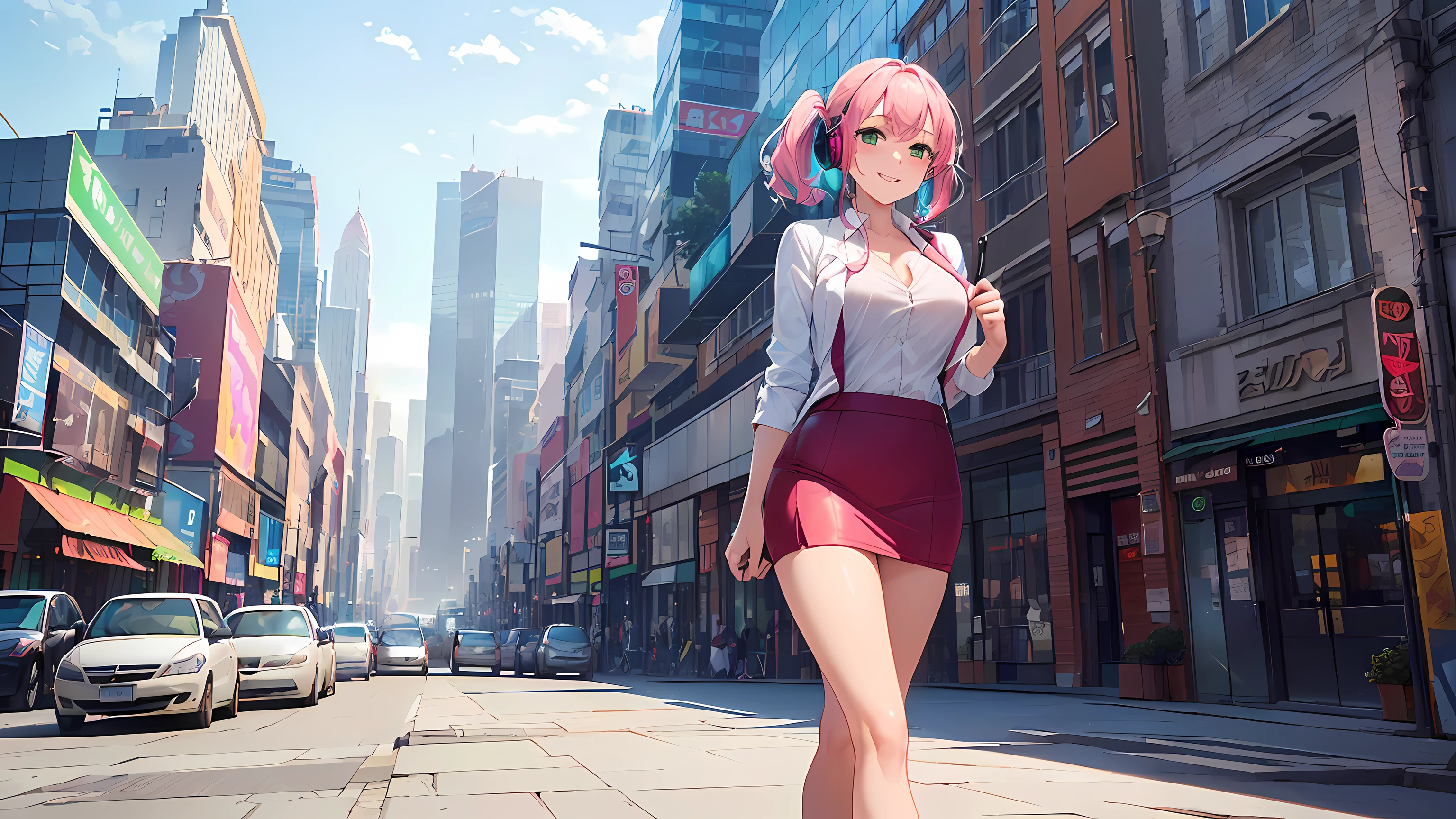 ((loose close up)) masterpiece, 1girl ((20year old, dressed in a tight red business suit, business suit jacket, tight white shirt, tight knee length business skirt, high heels, medium breasts, multicolor pink hair, twin ponytails, perfect model body, green eyes:1.5, flirting, happy, big smile, wearing headphones, looking at viewer, walking down a busy city street:1.2, with tall buildings in the background:1.3, professional and casual atmosphere:1.2)) ((solo:1.6))