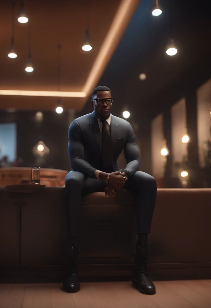 Black man cartoon character wearing black glasses and a black dress shirt , um personagem animado, Caractere estilizado, animation style rendering, 3D estilizado, Arnold Maya render, 3 d render stylized, toon render keyshot, Personagem 3D, Personagem 3D, 3d rendering stylized, 3 d character render, personagem de desenho animado, Personagem de close up, Pose de personagem, (Estilo Pixar) (master part:1.2) (Bokeh) (best quality) (pele detalhada) (textura detalhada) (8k) (argila) (Cinematic lighting) (foco nítido,Senta e vaza a parte superior do corpo, African Strong Traits, olhos grandes ,sem barba, CALVO. black pants and shoes