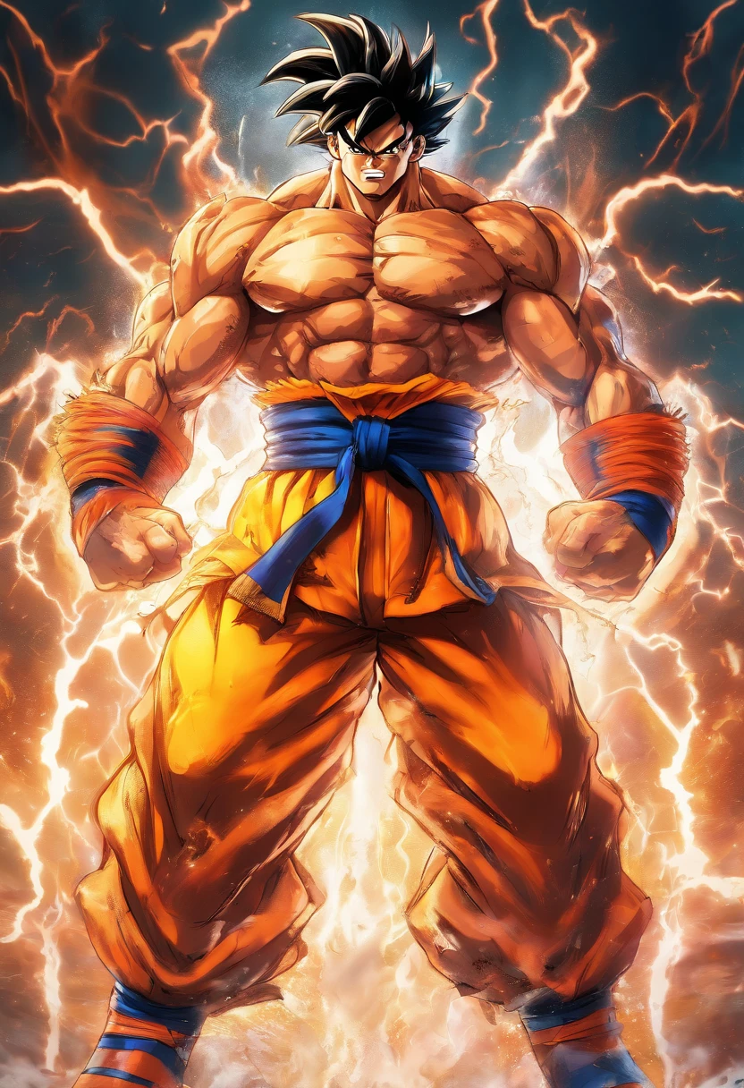 Realistic 3D rendering of Goku Super Saiyan fused Aquaman, surrounded by lightning, grande musculatura, fotografia de corpo inteiro, hiper-realista