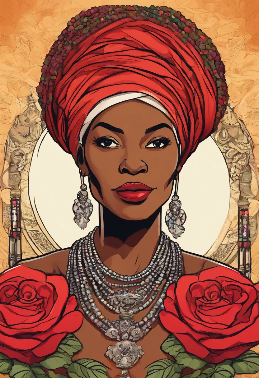 Old black woman with turban and red roses on her head, Fumar um charuto, Roll up a white linen dress and wear several beaded necklaces