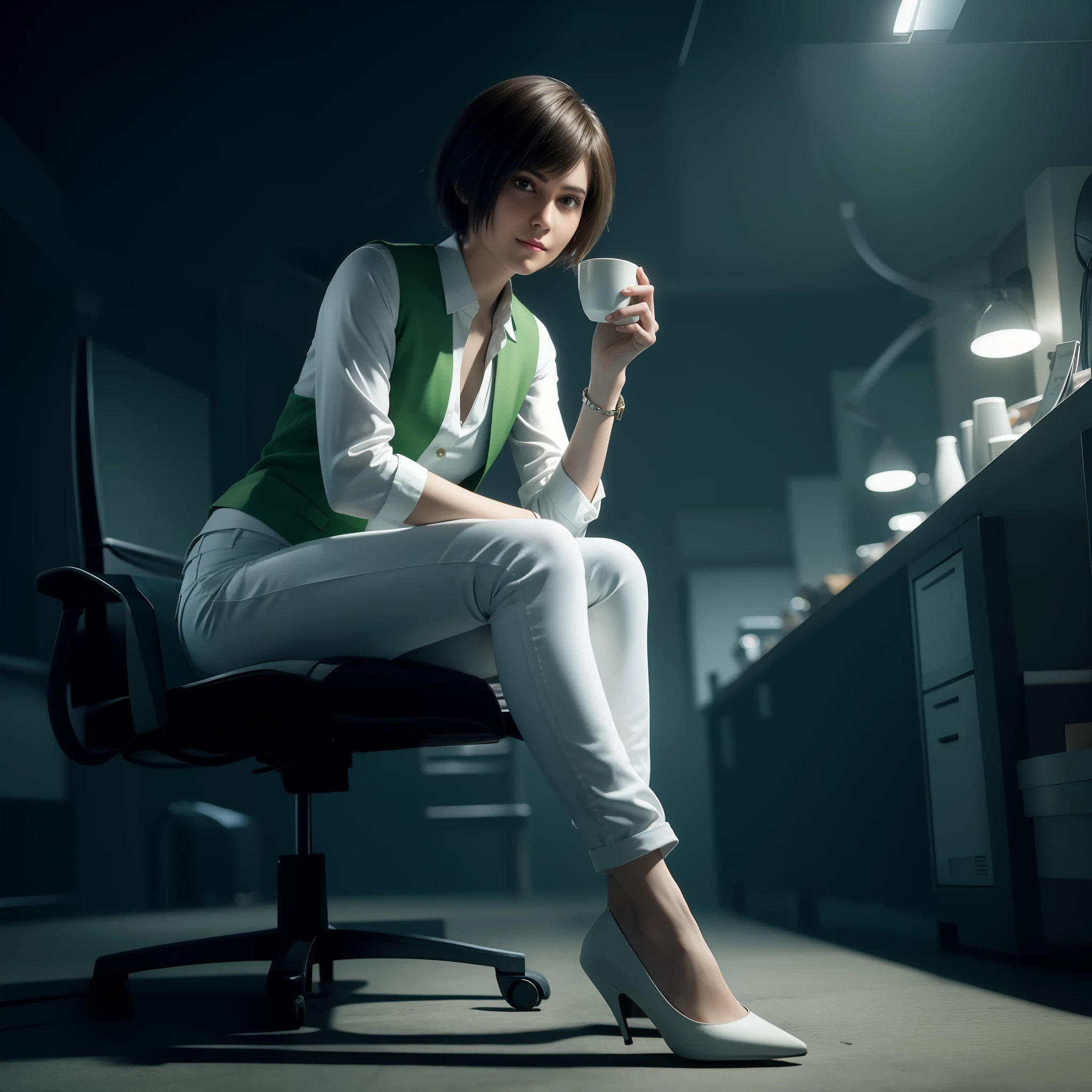 Best quality, short hair, white jeans, beautiful face, shy expression, green vest