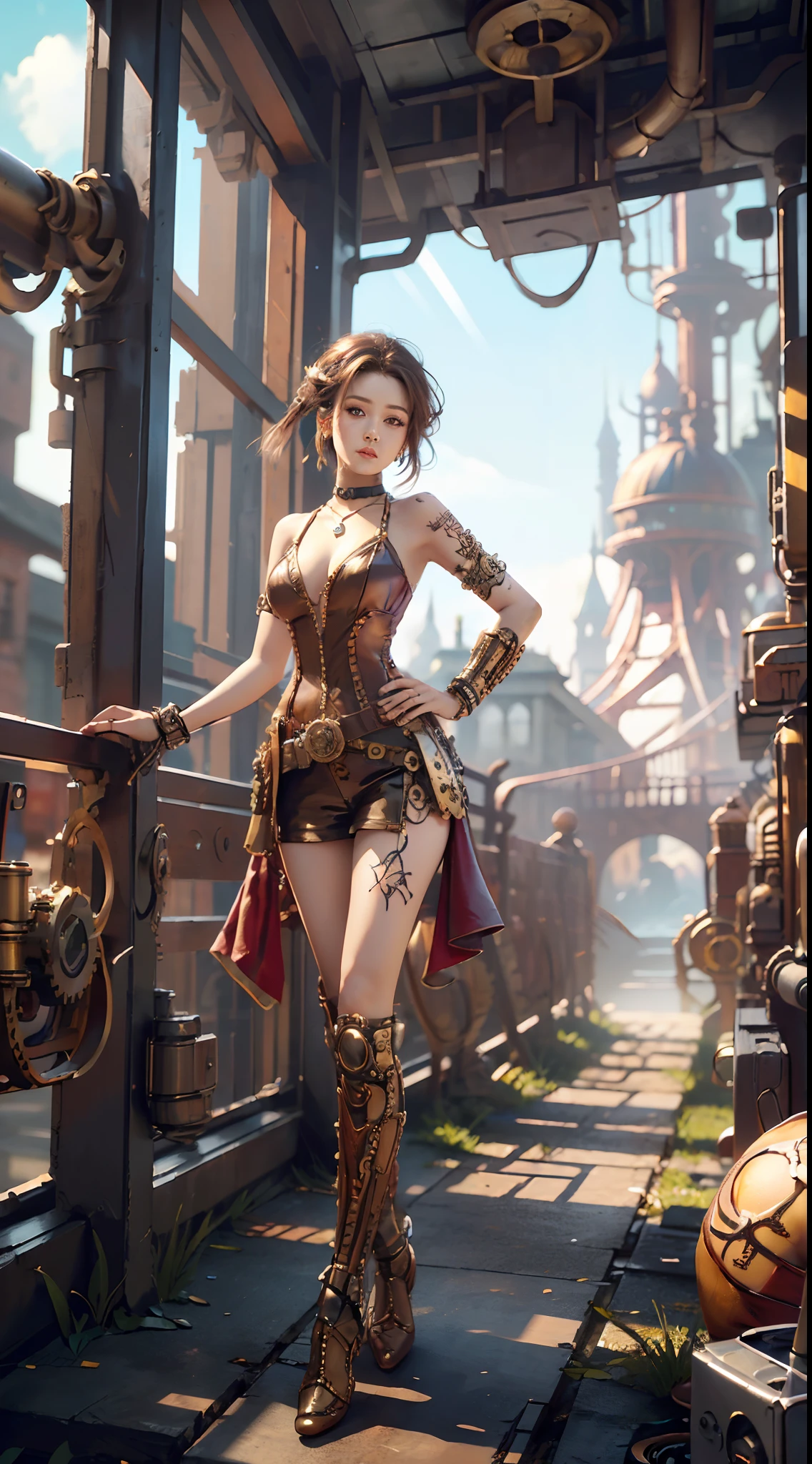((masterpiece:1.4)、(top-quality:1.4)、(reallistic:1.7))、masuter piece:1.4、(Top-of-the-line rendering:1.4)、(steampunc:1.4)、Ultra-realistic portraits of Quito, The beautiful queen of the galactic frontier planet Caval、Super beautiful girl queen、((1girl in:1.4))、Shiny natural skin texture、(Steampunk costumes:1.4)、Glossy red latex bikini:1.4、Leather belt at waist:1.4、(An outfit that emphasizes beautiful breasts:1.4)、age19、(Cute tattoos:1.4)、(Perfect female body:1.4)、perfectly proportions:1.4、Portrait photo of a girl、(standingn:1.4)、(Full body photo:1.4)、Fantasyart、Soft front light、beautiful countenance、Beautiful udder、large full breasts:1.2、Sexy ass、A detailed eye、Beautiful and attractive eyes、beautidful eyes、Narrow waist、beauty legs、Raw photo、red-lips、Red high heels、(tiarra:1.4、a choker:1.4、a necklace:1.4、耳Nipple Ring:1.4)、1 screen display、A super beautiful queen standing in a steampunk palace