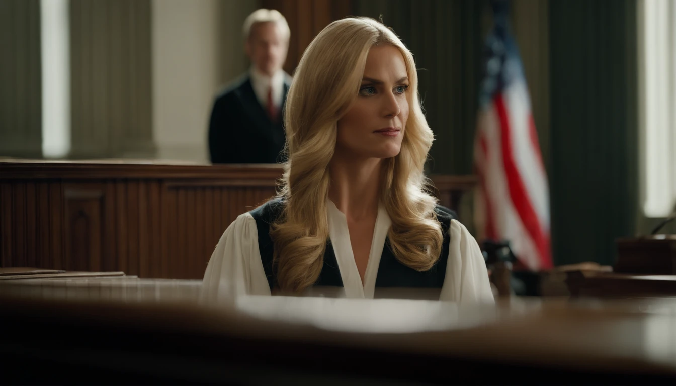 Describe a blonde judge with long hair in a courtroom using detailed language. Include information about physical appearance, como cabelo, Eyes and facial expression, as well as the typical attire of a judge. Emphasize traits that highlight your authority and impartiality in the courtroom.