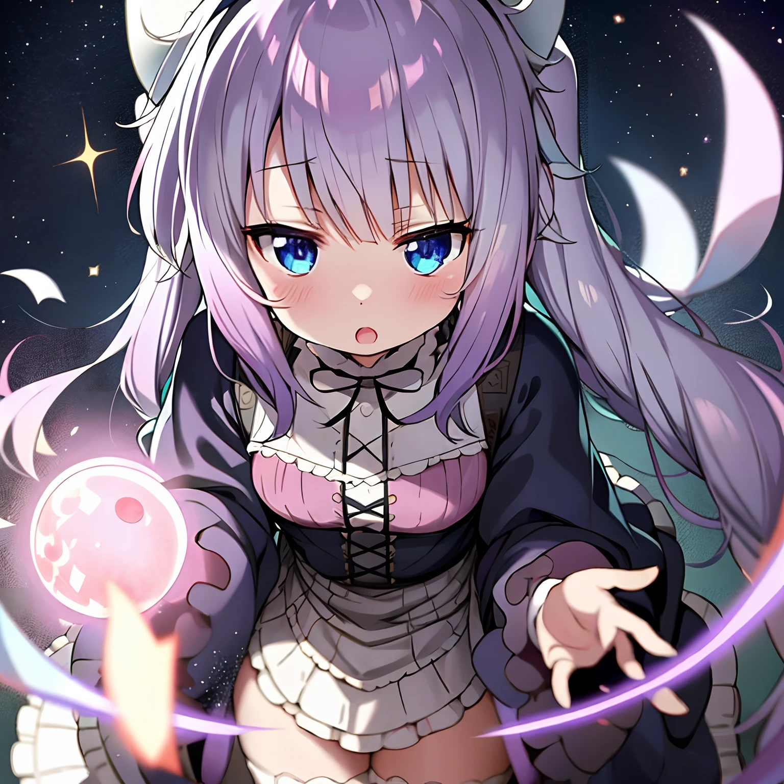 Rhys Kanna is a young girl with long white lavender hair, which are gathered in two tails with three dark blue beads. She has blue eyes and four horns (one up and down on each side). It also has a long, thin tail, that ends in a fluffy ball, Poodle. Clothing style is described as "Gothic ta with a tribal theme". subject: Anime style + Halloween.