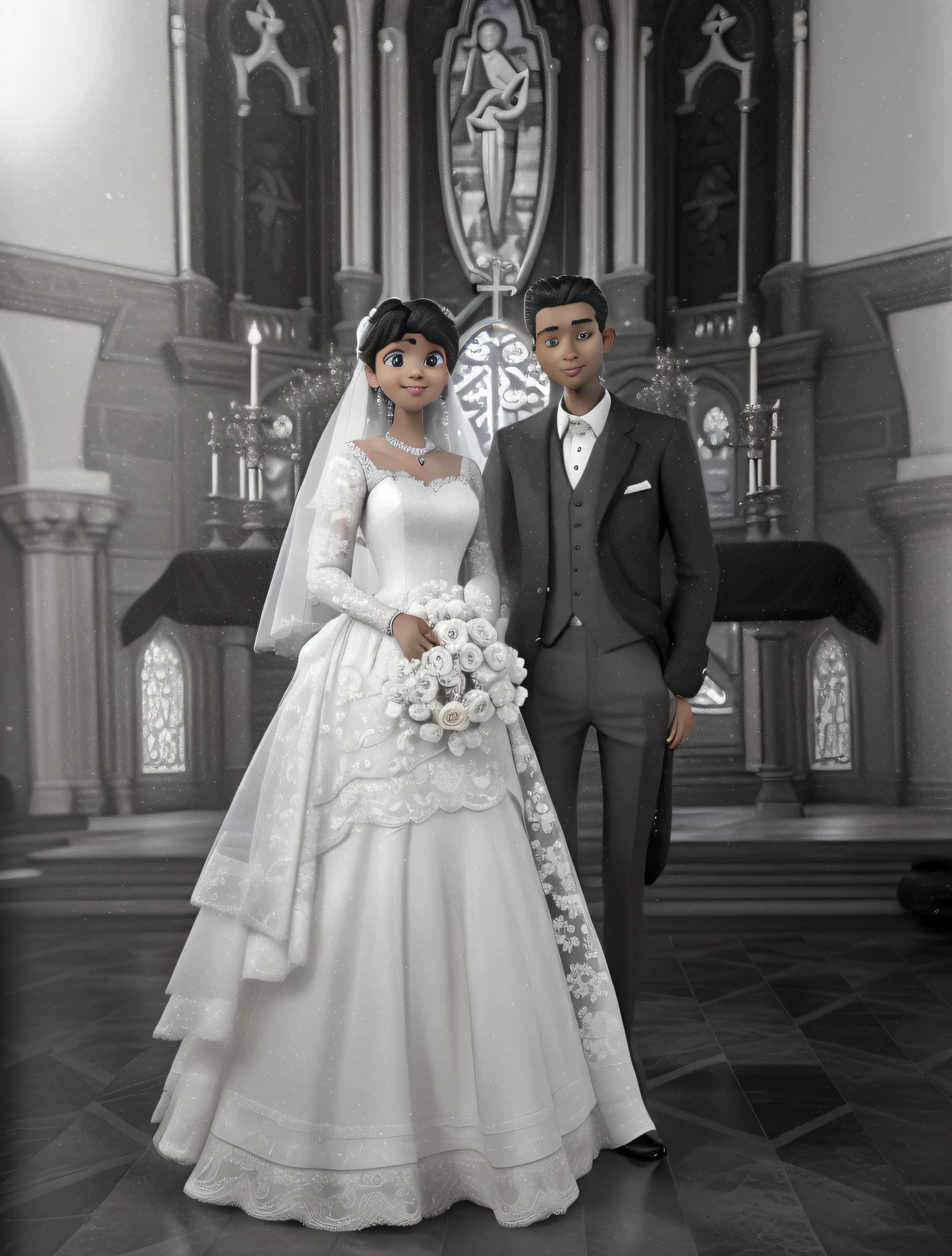 (disney style:1.1),(3D poster:1.1),couple in church,bride with white skin color,groom with black skin color,(classic church),(best quality,highres),(vivid colors)