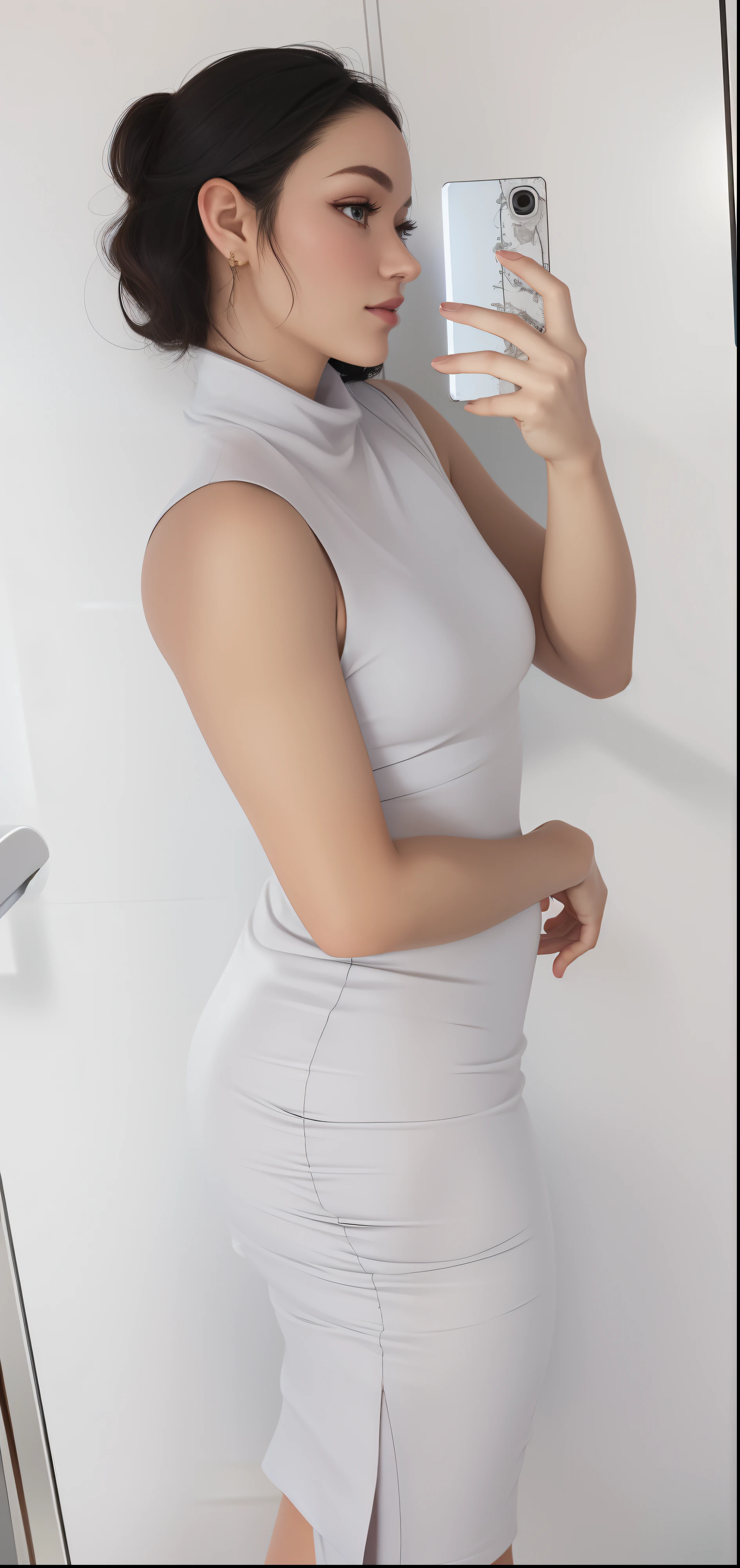 woman taking a selfie in a bathroom mirror, tight dress, profile picture, close up half body shot, 2 4 year old female model, tight attire, profile image, side pose, tight outfit, full body shot close up, middle shot waist up, close body shot, waist - shot, slim waist, profile pic, looking from side!, skintight dress