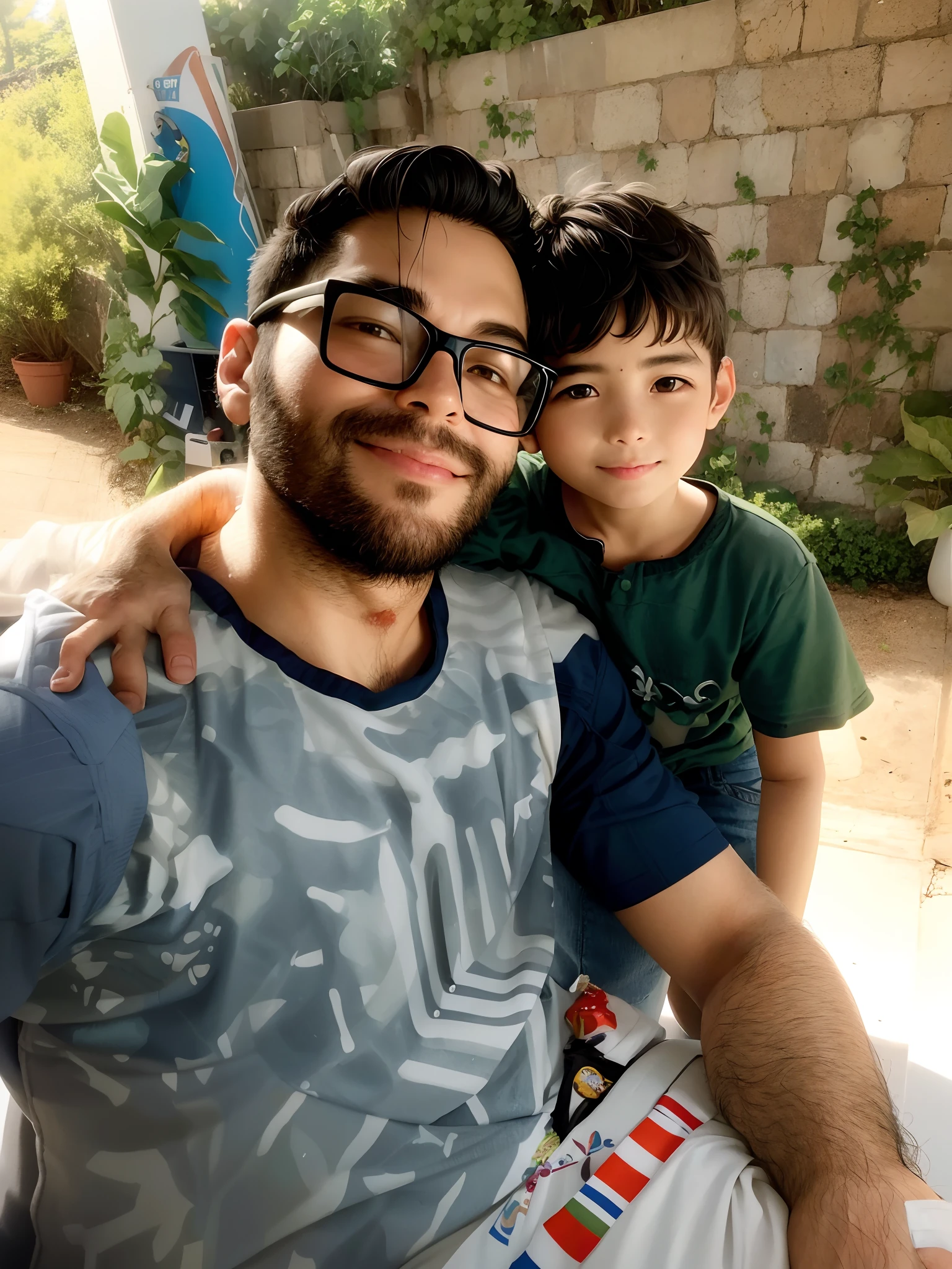 There's a man holding a and taking a picture with a cell phone, with a kid,rected by: Emerson Silva, caio santos, Directed by: Nandor Soldier, mateus 9 5, Directed by: Felipe Seade, Dan dos Santos, Directed by: Samuel Silva, edu souza, Ronaldo Luis Nazario da Lima, Carmelo Blandino, Selfie!!!!! de um homem