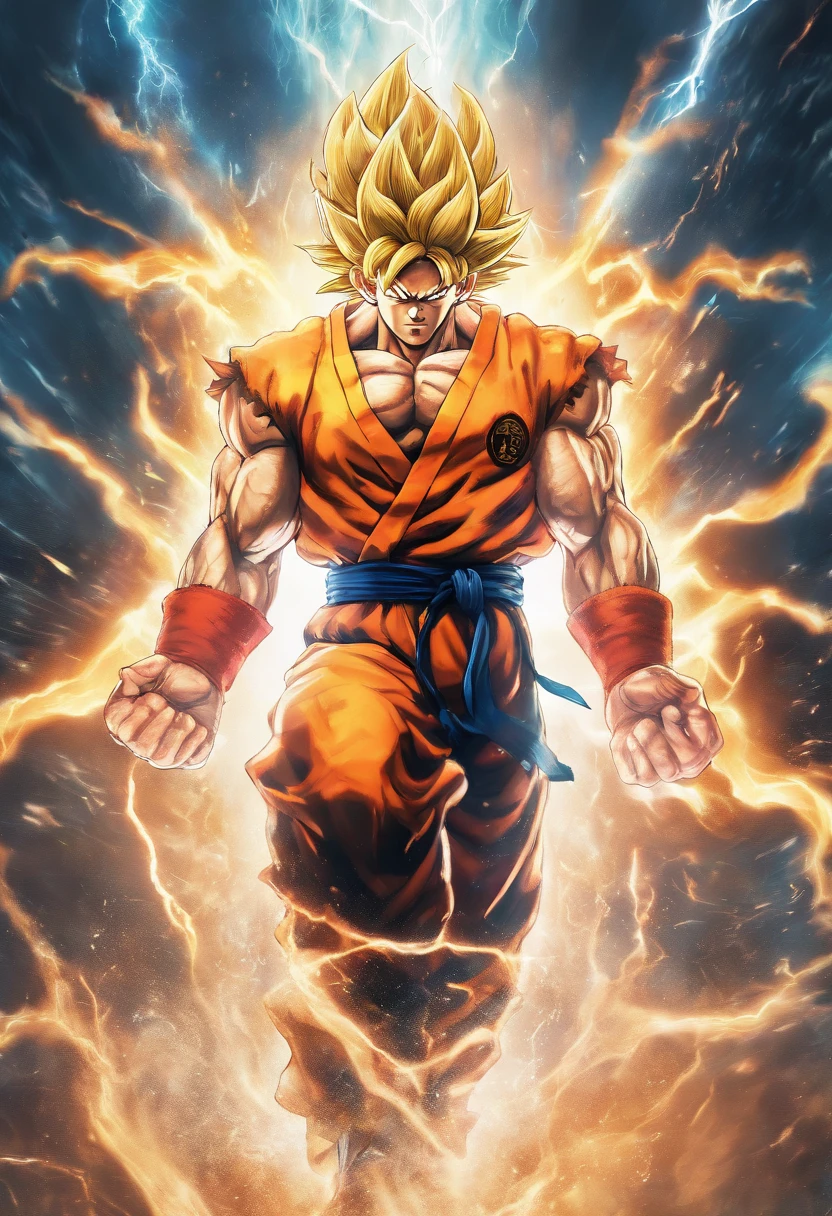 Realistic 3D rendering of Goku Super Saiyan fused Aquaman, surrounded by lightning, grande musculatura, fotografia de corpo inteiro, hiper-realista
