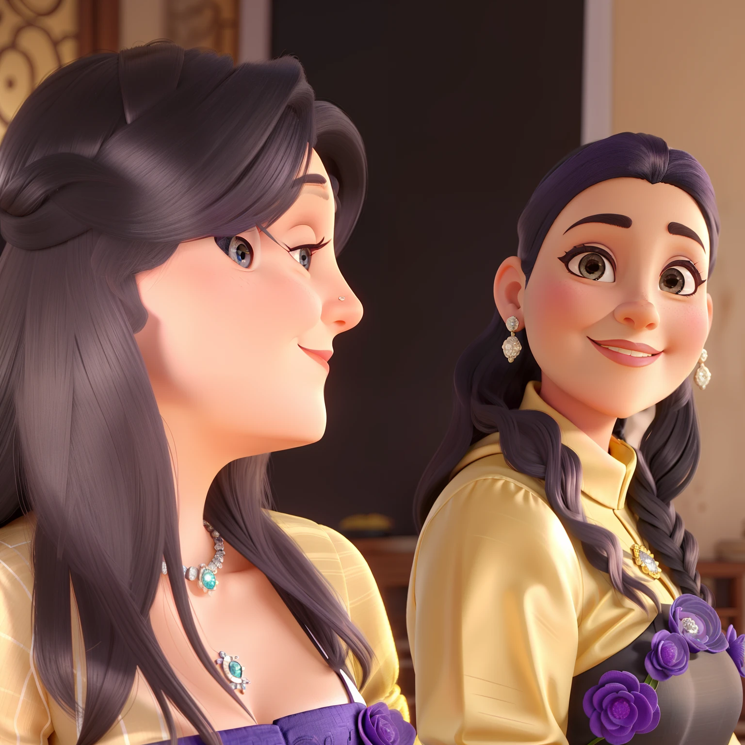 A Beautiful Wise Woman, cabelo preto longo, olhos castanhos, com um brinco de diamantes na orelha, vestindo um vestido roxo de gala, sorrindo, se olhando no espelho
