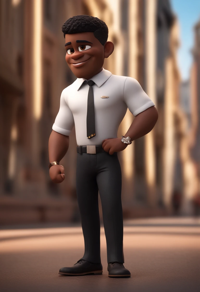 Personagem de desenho animado do homem de meia idade negro pretos e uma camisa social preta , um personagem animado, Caractere estilizado, animation style rendering, 3D estilizado, Arnold Maya render, 3 d render stylized, toon render keyshot, Personagem 3D, Personagem 3D, 3d rendering stylized, 3 d character render, personagem de desenho animado, Personagem de close up, Pose de personagem, (Estilo Pixar) (master part:1.2) (Bokeh) (best quality) (pele detalhada) (textura detalhada) (8k) (argila) (Cinematic lighting) (foco nítido,Senta e vaza a parte superior do corpo, African Strong Traits, olhos grandes ,sem barba, CALVO e careca . black pants and shoes
