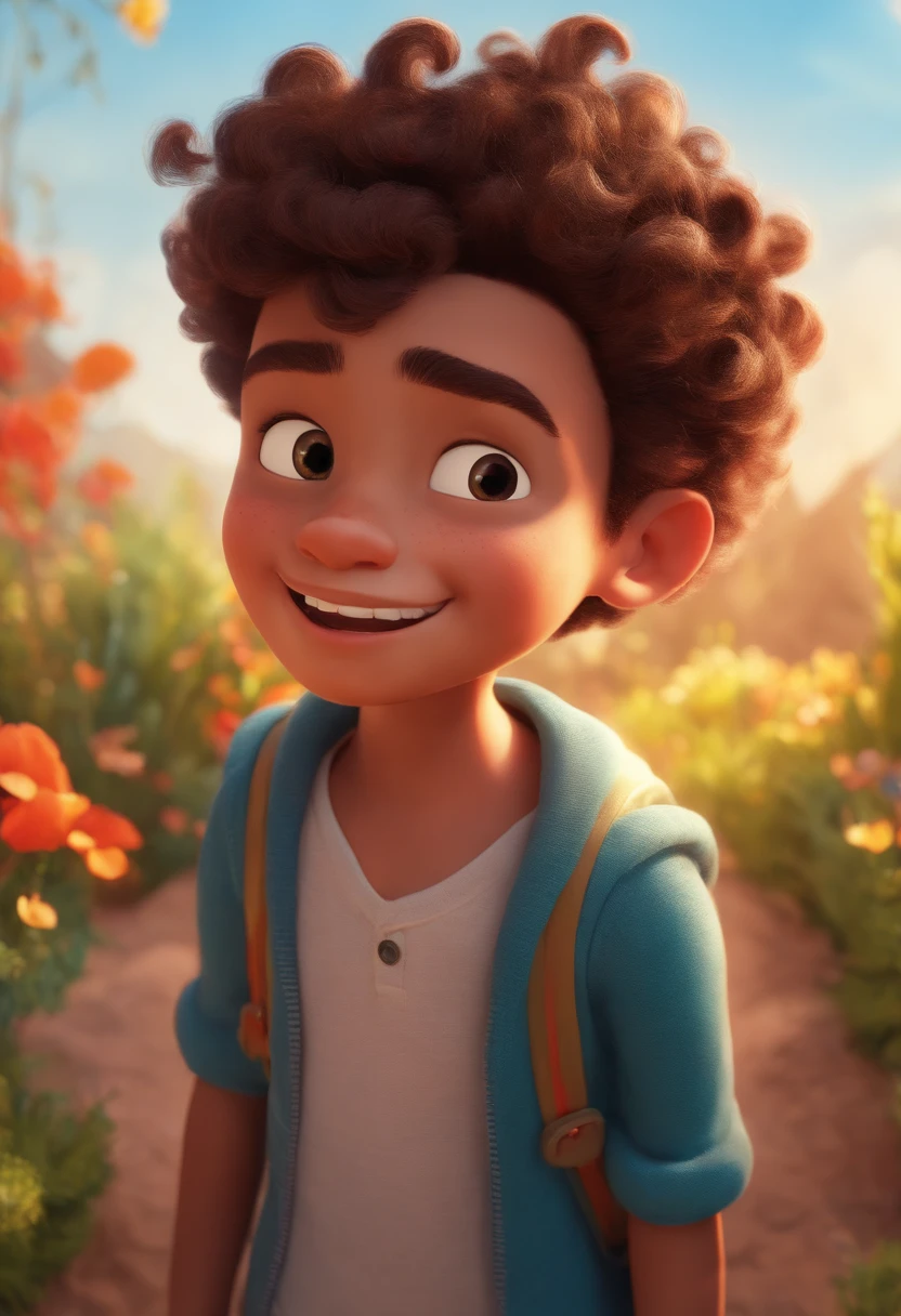 Image of a boy for a story in a YouTube video in Pixar format, He's the allabester, He's the class leader, He's outgoing, Playful and gets up for a lot of things, cabelo curto