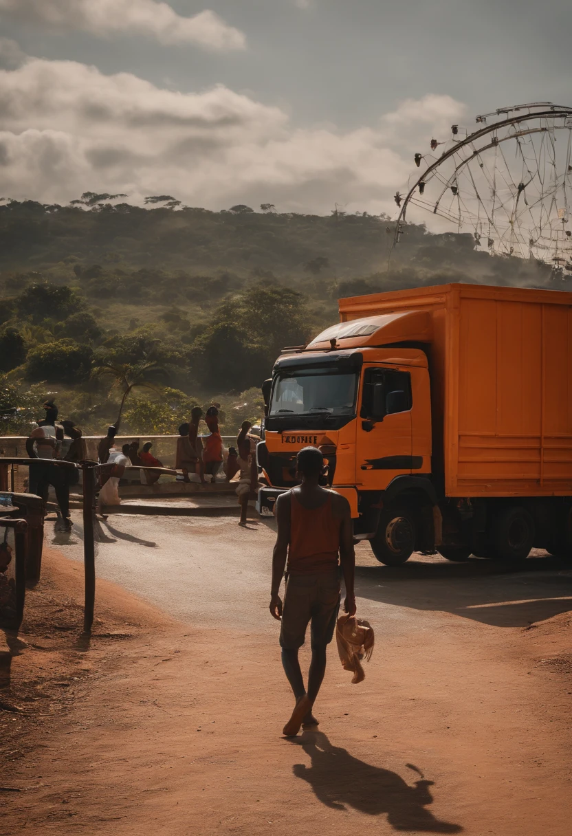 Por favor, Create a painting where there is an overpass with trucks on top and a BR with trucks with loads falling and the beggars picking up on their backs ,segurando orgulhosamente uma bandeira com dizer "welcome to Paranaguá". Neste estilo de arte em particular, The setting is inspired by the atmosphere of an amusement park. The lighting represents the sunset, With shades of orange and gray painting the sky. Beggar wanderer expresses his characteristic personality with joy and pride. Ademais, About the price, Include the silhouette of an amusement park in the background, providing a sense of celebration and excitement."