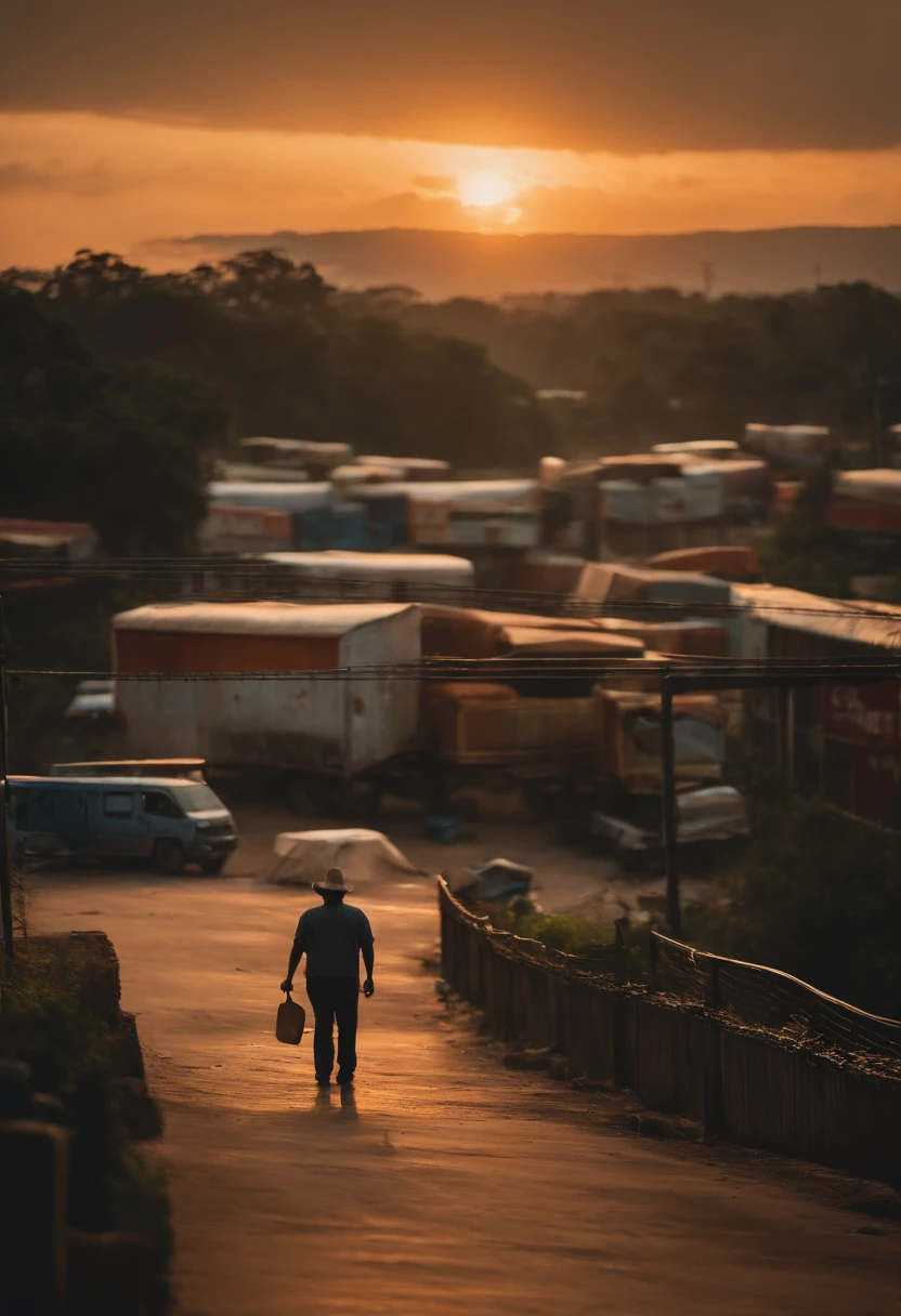 Por favor, Create a painting where there is an overpass with trucks on top and a BR with trucks with loads falling and the beggars picking up on their backs ,segurando orgulhosamente uma bandeira com dizer "welcome to Paranaguá". Neste estilo de arte em particular, The setting is inspired by the atmosphere of an amusement park. The lighting represents the sunset, With shades of orange and gray painting the sky. Beggar wanderer expresses his characteristic personality with joy and pride. Ademais, About the price, Include the silhouette of an amusement park in the background, providing a sense of celebration and excitement."