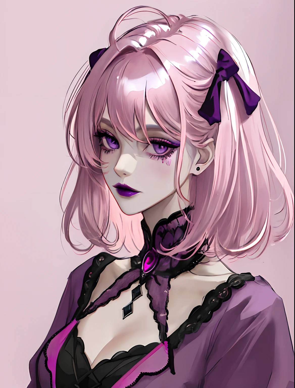 masterpiece, best quality, woman, (short-medium pink messy hair), Empty dark purple eyes, purple lipstick, gothic clothes