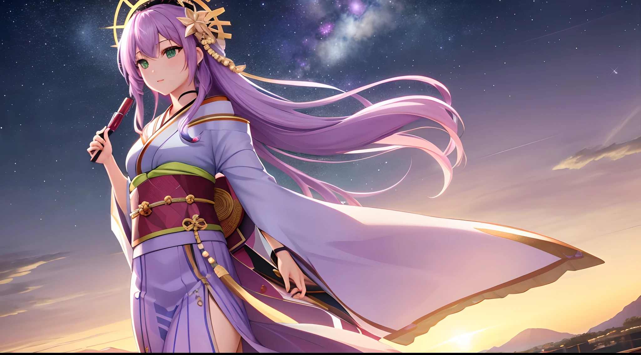 Athena with plain long light purple hair,hair between eyes,green eyes,rosy cheeks,full lips,thin eyebrows,slender body,wearing cosmic stars kimono and full long skirt,praying beads on neck,cute anime girl,full body,starry night sky in background,anime style,Lumen Reflections,Screen Space Reflections,Diffraction Grading,Chromatic Aberration,GB Displacement,Scan Lines,Ray Traced,Anti-Aliasing,FXAA,TXAA,RTX,SSAO,Shaders,OpenGL-Shaders, GLSL-Shaders,Post Processing,Post-Production,cell Shading,Tone Mapping,CGI,VFX,SFX,insanely detailed and intricate, 4K,standing, solo, masterpiece, best quality, detailed face, detailed eyes, highres, standing, solo,masterpiece, best quality