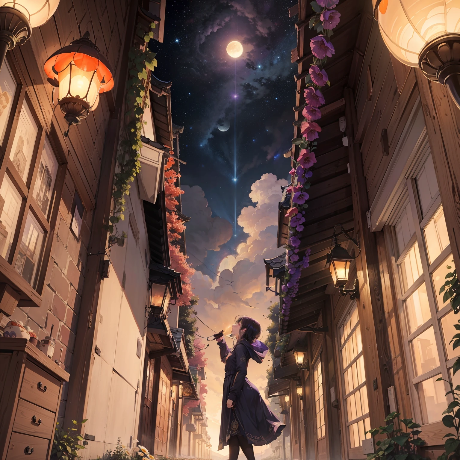 Expansive landscape photography,(a bottom view showing the sky above and open country below),A girl stands in a field of flowers looking up,(moon full:1.2),(meteors:0.9),(Starcloud:1.3),mountain in the distance,BREAK tree making art,(Warm light source:1.2),(glowworm:1.2),(Giant mushroom 1.2)lamp lights,Lots of purple and orange,Complicated details,Volumetriclighting,BREAK realism(tmasterpiece: 1.2) , (best qualtiy), 4k, ultra - detailed, (Dynamic synthesis: 1.4), highly detailed, Colorful Detailed, (Irridescent color: 1.2), (Bright lighting, Atmospheric lighting), dream magical, Magic, (独奏: 1.2)