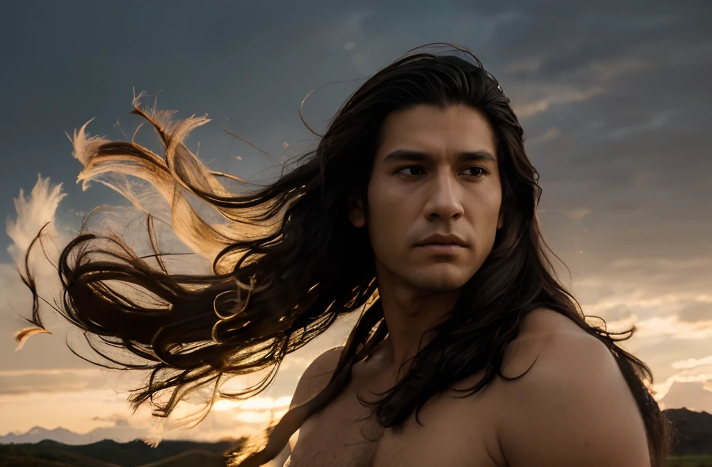 ((half body photo)), hd, 8k, one standing Joe Thunderfoot looking at camera, native american male, (no beard:1.5), handsome, detailed face, masculin, long black hair flowing in preria wind, warpaint on face, evening preria background with wild buffalos