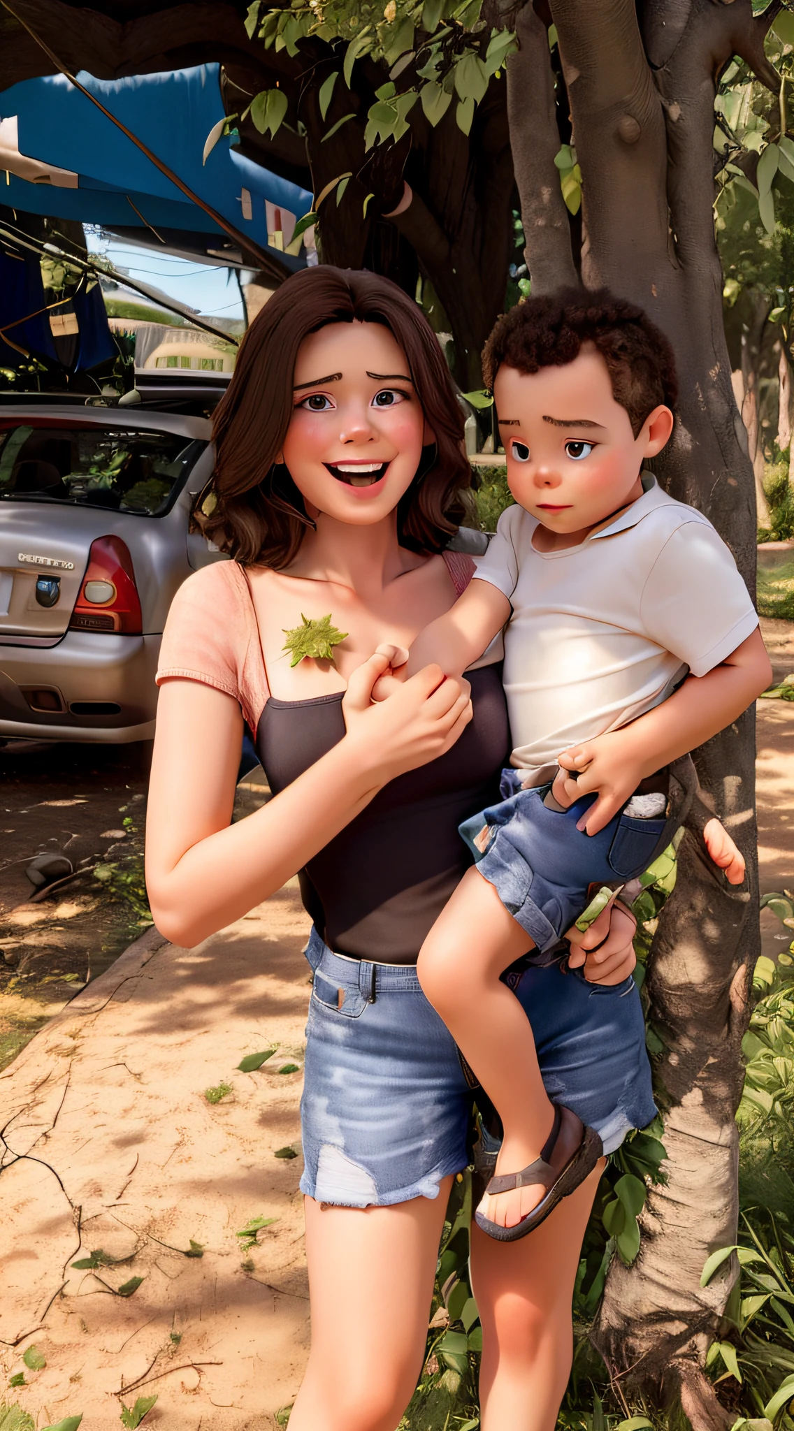 A 27-year-old brunette woman with a 2-year-old child near a tree