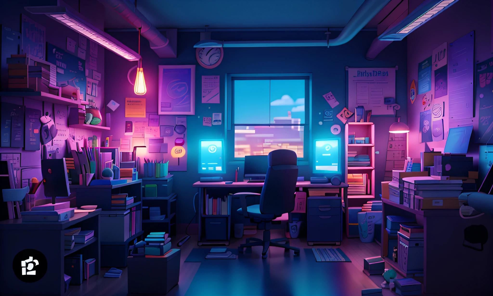 The background of an office should look like an office full of shelves with supplements, gym weights and LEDs, it should be a little dark and lit with blue LEDs
and be rich in vibrant colors, complemented by meticulous textures reminiscent of Pixar's renowned animations, with a tech city tone. The overall composition should capture the essence of an epic adventure, drawing viewers into the world of the story.