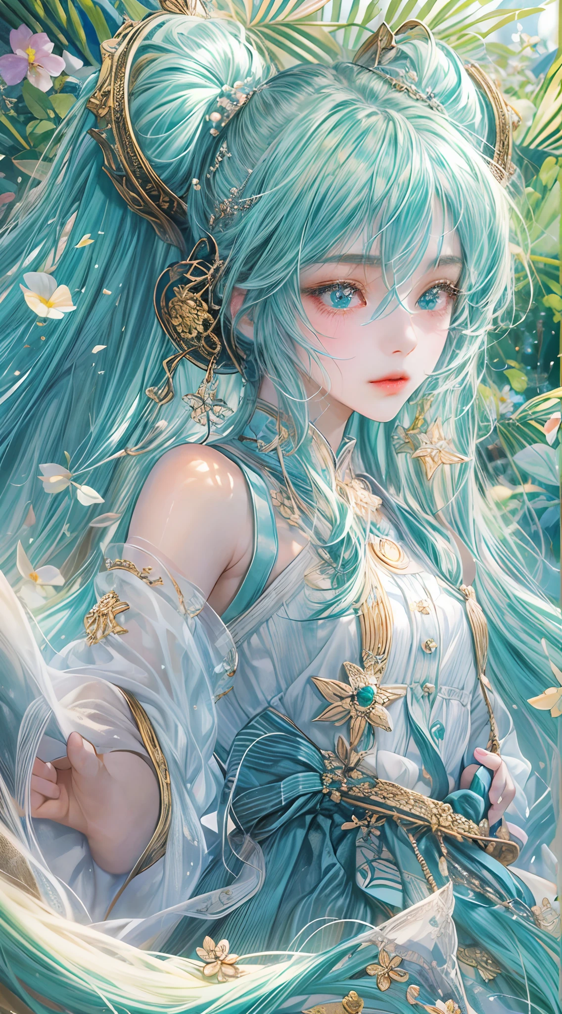 Girl with long flowing hair ,Goddess Maiden ,Lake blue red gradient hair,Plain white simple dress, Extremely smooth long hair, Anthropomorphization of furry plants ,spectacular backdrops,an abandonded courtyard, Overgrowth
