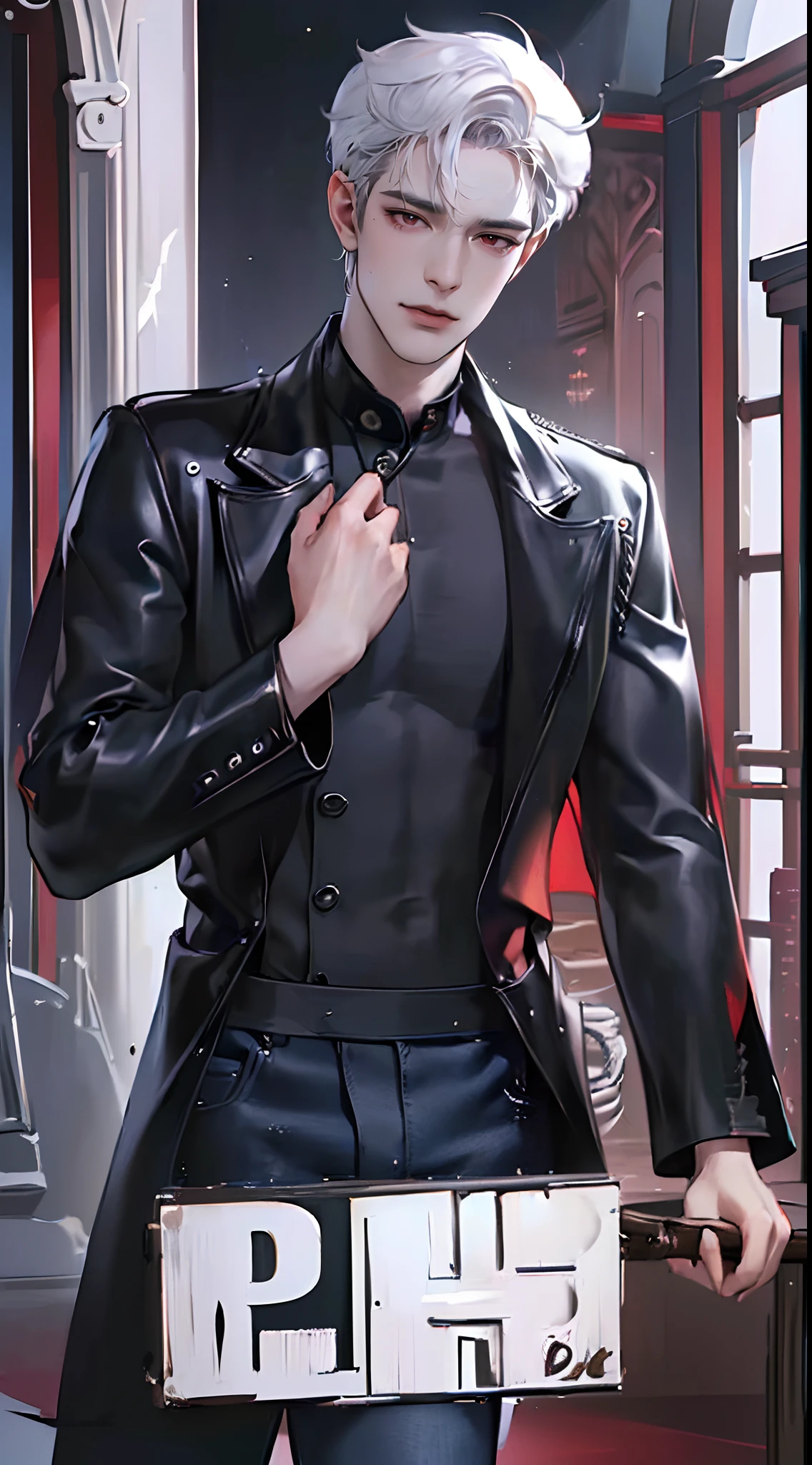 (4K works))、masterpiece、(top-quality)、((In front of the department store))、Korean Male、Adult male、((Adult 50 years old))、((Adult uncle type))、((Leather Jeans Style))、((Face similar to Hyunjin))、Cool Men、tall、((Gentle face))、((Cool werewolf fashion in black))、((Long sleeve long trouser style))、((Smaller face))、Slim body、((Uncle))、((white hair))、((white short-haired))、((Red Eyes))、((shot from front))、((Shot alone))、((Solo Photography))、Professional Photos、((Reach out to your audience))、((He walks in front of the viewer))、((dad bod))、