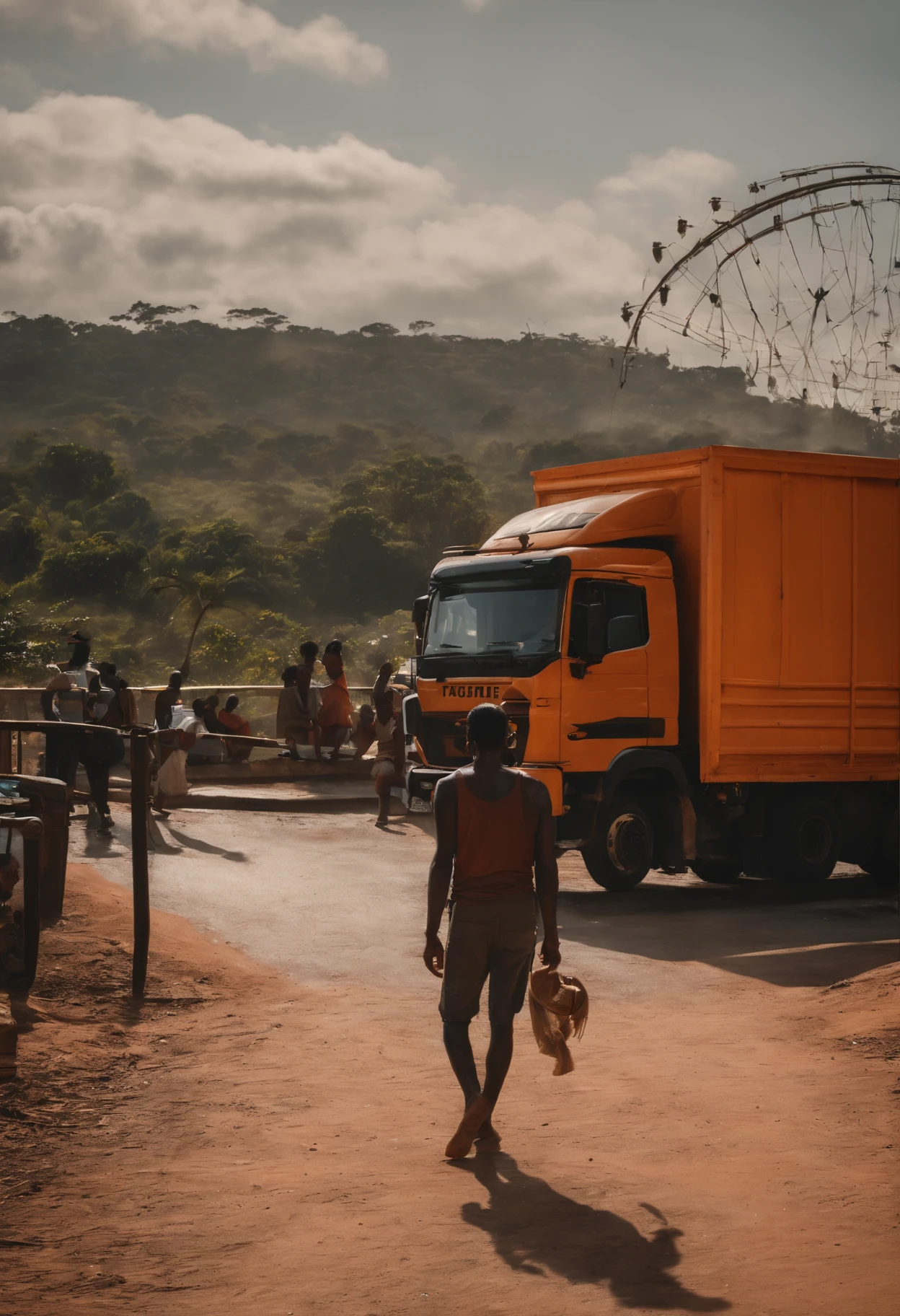 Por favor, Create a painting where there is an overpass with trucks on top and a BR with trucks with loads falling and the beggars picking up on their backs ,segurando orgulhosamente uma bandeira com dizer "welcome to Paranaguá". Neste estilo de arte em particular, The setting is inspired by the atmosphere of an amusement park. The lighting represents the sunset, With shades of orange and gray painting the sky. Beggar wanderer expresses his characteristic personality with joy and pride. Ademais, About the price, Include the silhouette of an amusement park in the background, providing a sense of celebration and excitement."