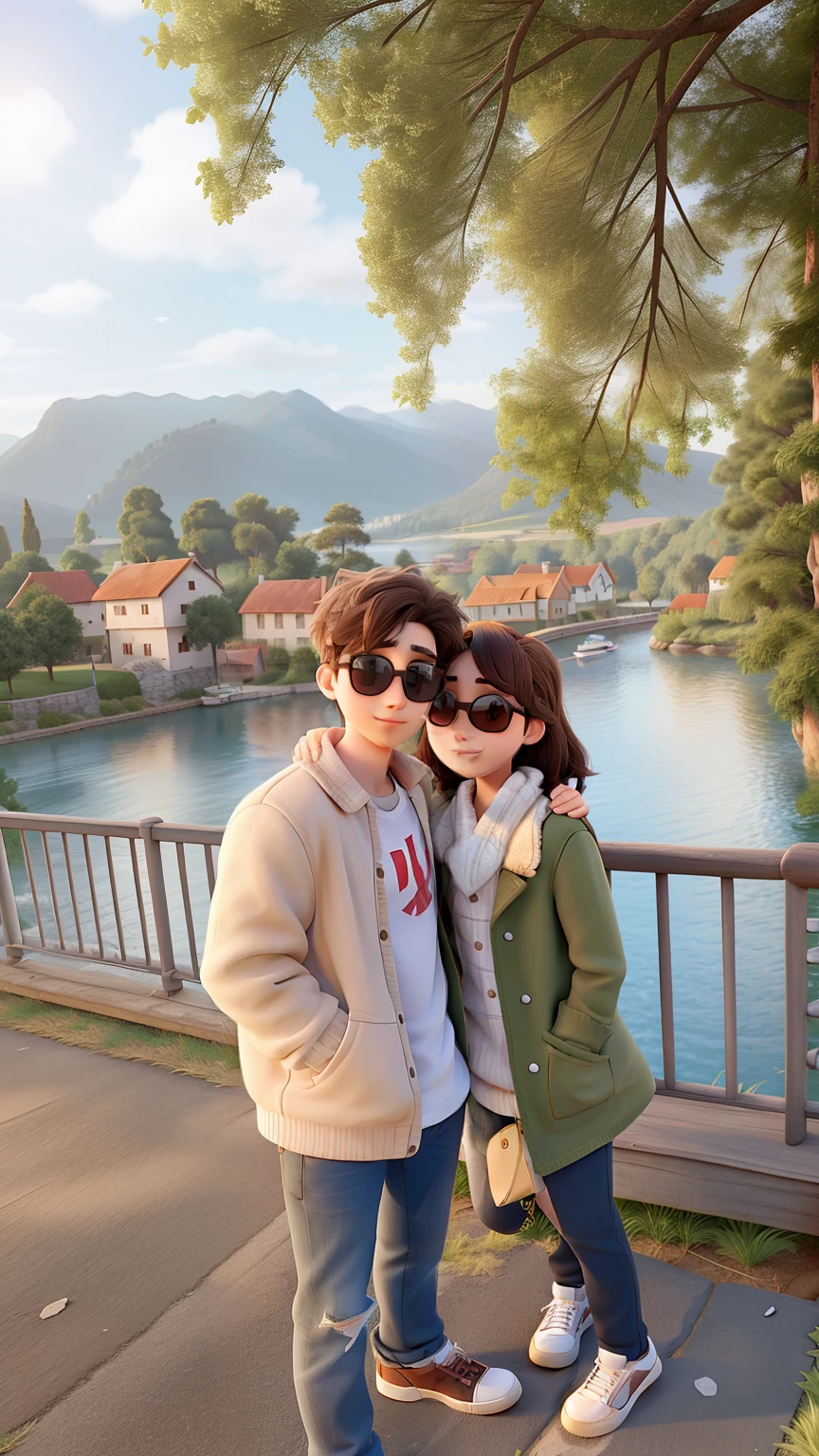 Young couple with sunglasses and passionate look. The two of them are in a very beautiful background landscape