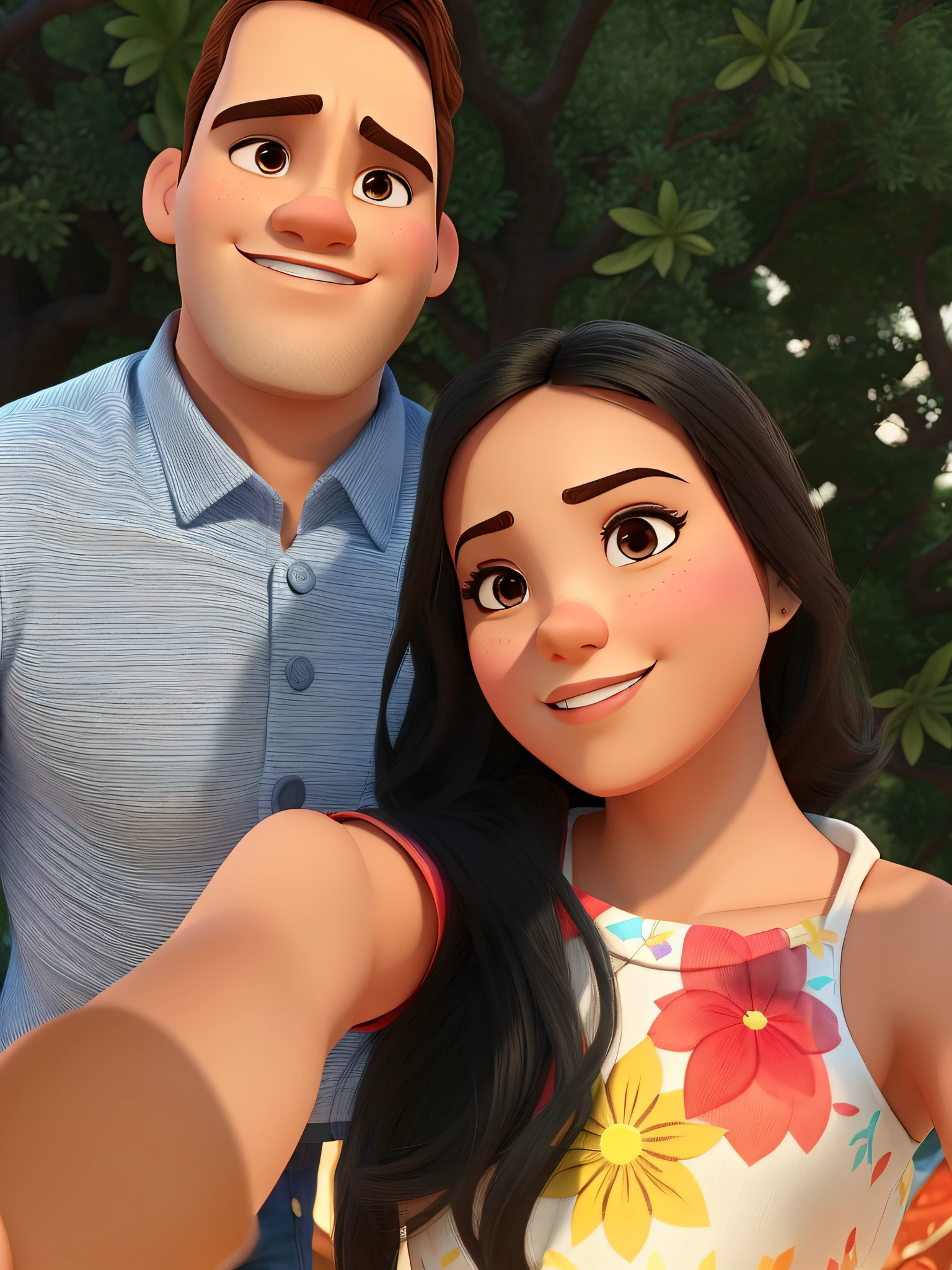 Casal (homem branco e mulher morena) no estilo Disney Pixar, alta qualidade, melhor qualidade.