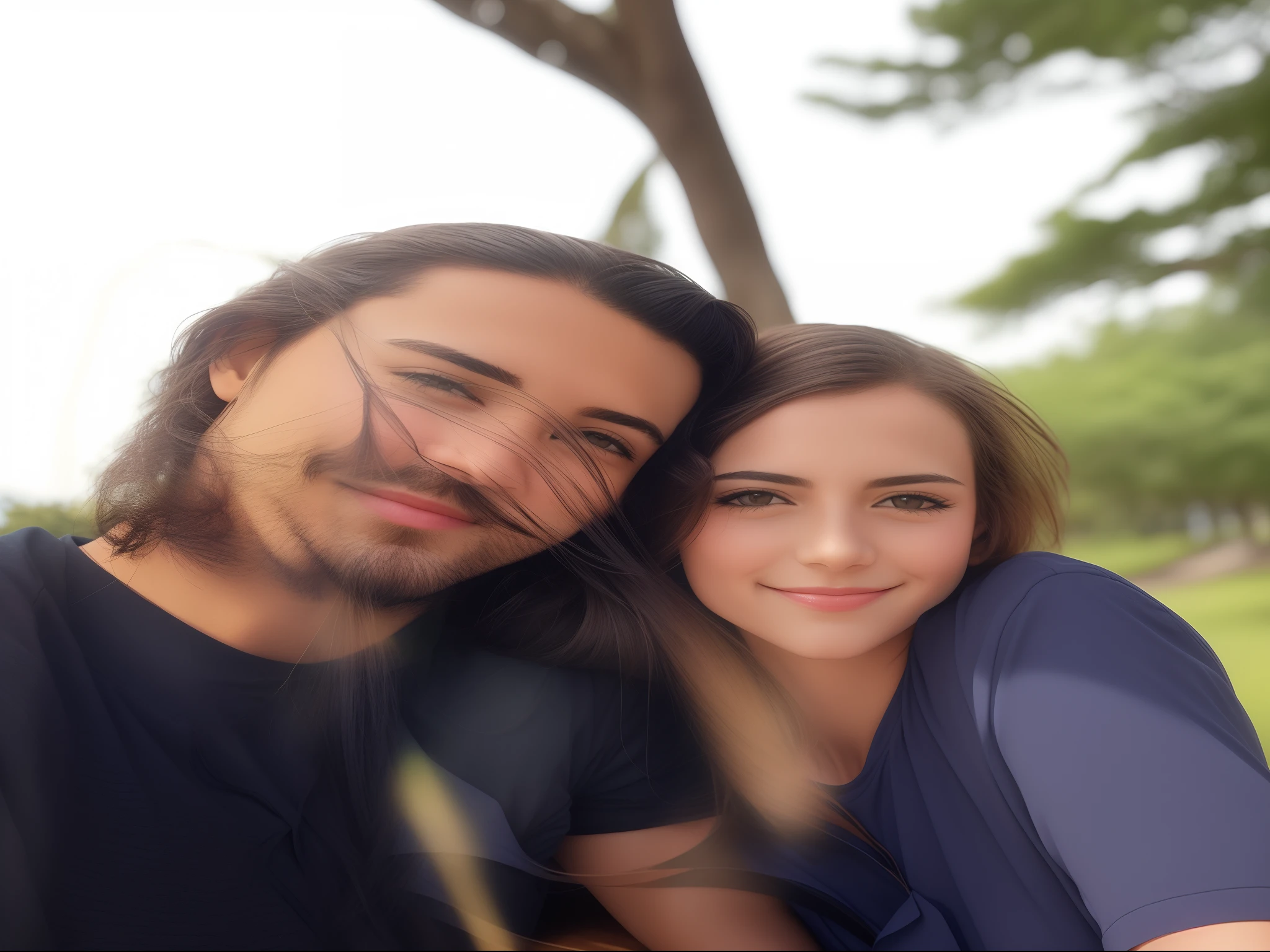 They are posing for a photo under a tree in the park, trees in the background, Casal feliz, divertindo-se, imagem de perfil, retrato de casais, with a tree in the background, Retrato de duas pessoas, against the backdrop of trees, com um parque ao fundo, beach trees in the background, Parque em segundo plano, trees in background