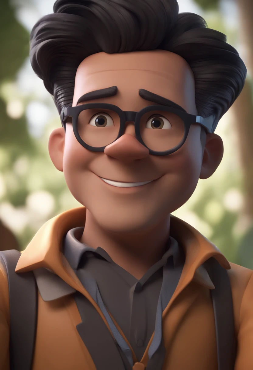Cartoon character of a man wearing black glasses and a blue shirt, um personagem animado, Caractere estilizado, animation style rendering, 3D estilizado, Arnold Maya render, 3 d render stylized, toon render keyshot, Personagem 3D, Personagem 3D, 3d rendering stylized, 3 d character render, personagem de desenho animado, Personagem de close up, Pose de personagem, (Estilo Pixar) (master part:1.2) (Bokeh) (best quality) (pele detalhada) (textura detalhada) (8k) (argila) (Cinematic lighting) (foco nítido，Senta e vaza a parte superior do corpo