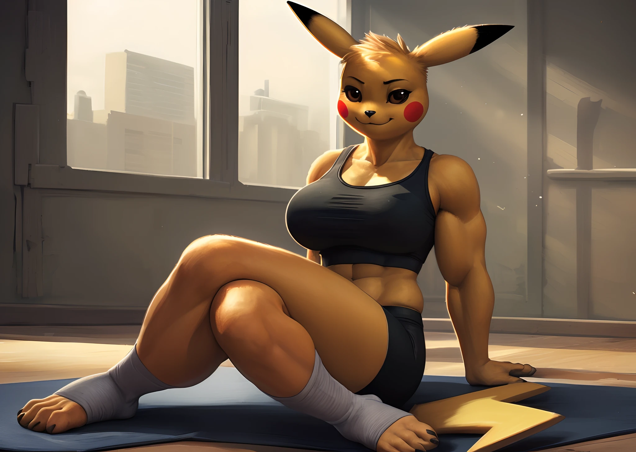 [pikachu], [Uploaded to e621.net; (Pixelsketcher), (napalm_express), (twistedterra)], ((masterpiece)), ((HD)), ((solo portrait)), ((furry; anthro)), ((feet visible)), ((detailed shading)), ((beautiful render art)), ((cinematic lighting)), ((intricate details)), {anthro; (slim athletic body), yellow fur, black nose, pointed pikachu ears, red pikachu cheeks, female pikachu tail, cute brown eyes, (half-closed eyes), (large boobs), (gorgeous wide hips), (thick thighs), (beautiful legs), (beautiful socks), (defined muscles), (smug smirk)}, {(orange tank top), (nipple outline), (midriff), (black spandex yoga shorts), (black toeless socks)}, {(sitting), (hands behind back), (legs spread open), (looking at viewer)}, [background; (open room), (wrestling mat), (window), (ambient lighting)]