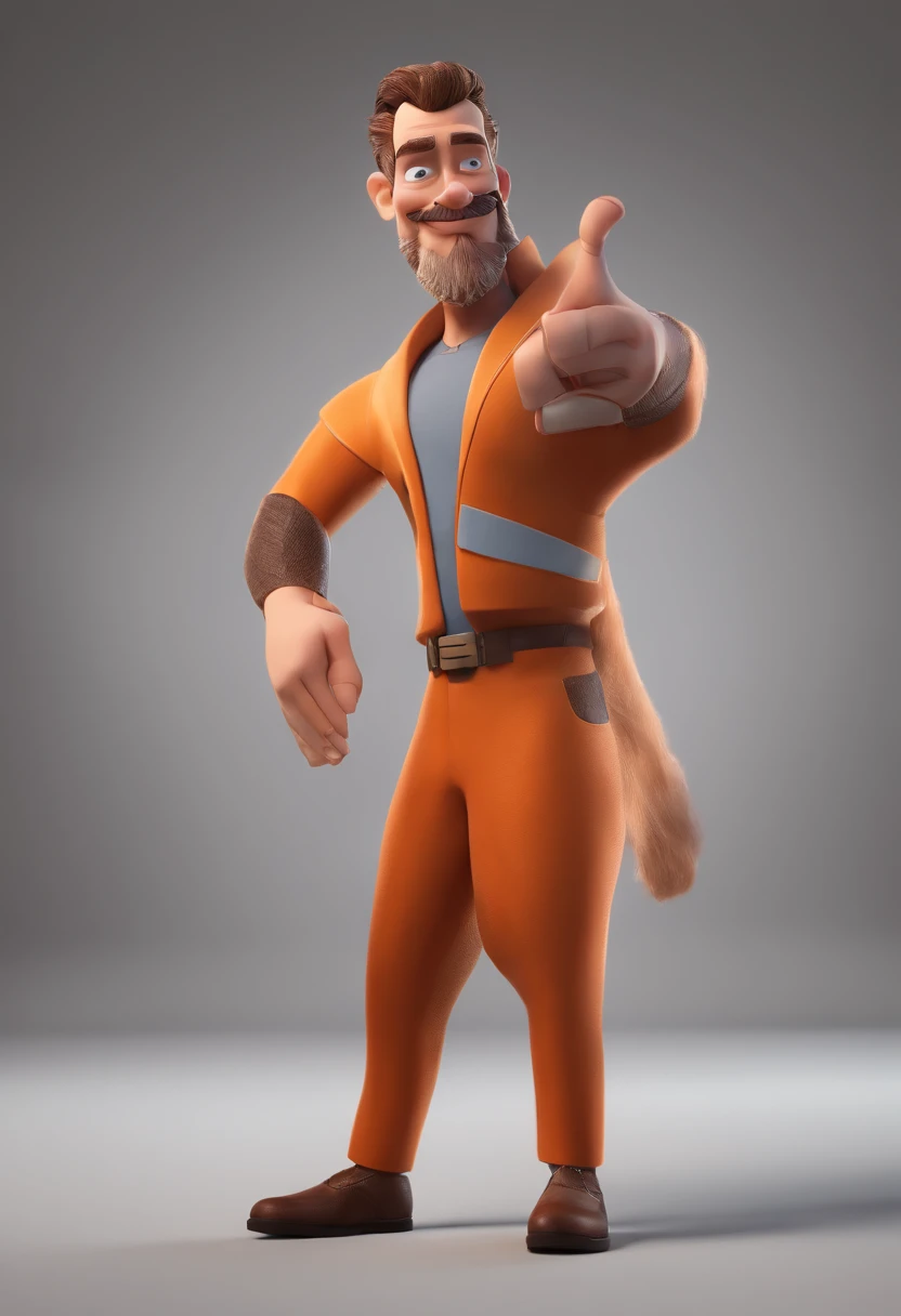 Cartoon character of a man with goatee and an orange jumpsuit, animation character, Caractere estilizado, animation style rendering, 3D estilizado, Arnold Maya render, 3 d render stylized, toon render keyshot, Personagem 3D, Personagem 3D, 3d rendering stylized, 3 d character render, personagem de desenho animado, Personagem de close up, Pose de personagem,  (Estilo Pixar) (master part:1.2) (Bokeh) (best quality) (pele detalhada) (textura detalhada) (8k) (argila) (Cinematic lighting) (foco nítido