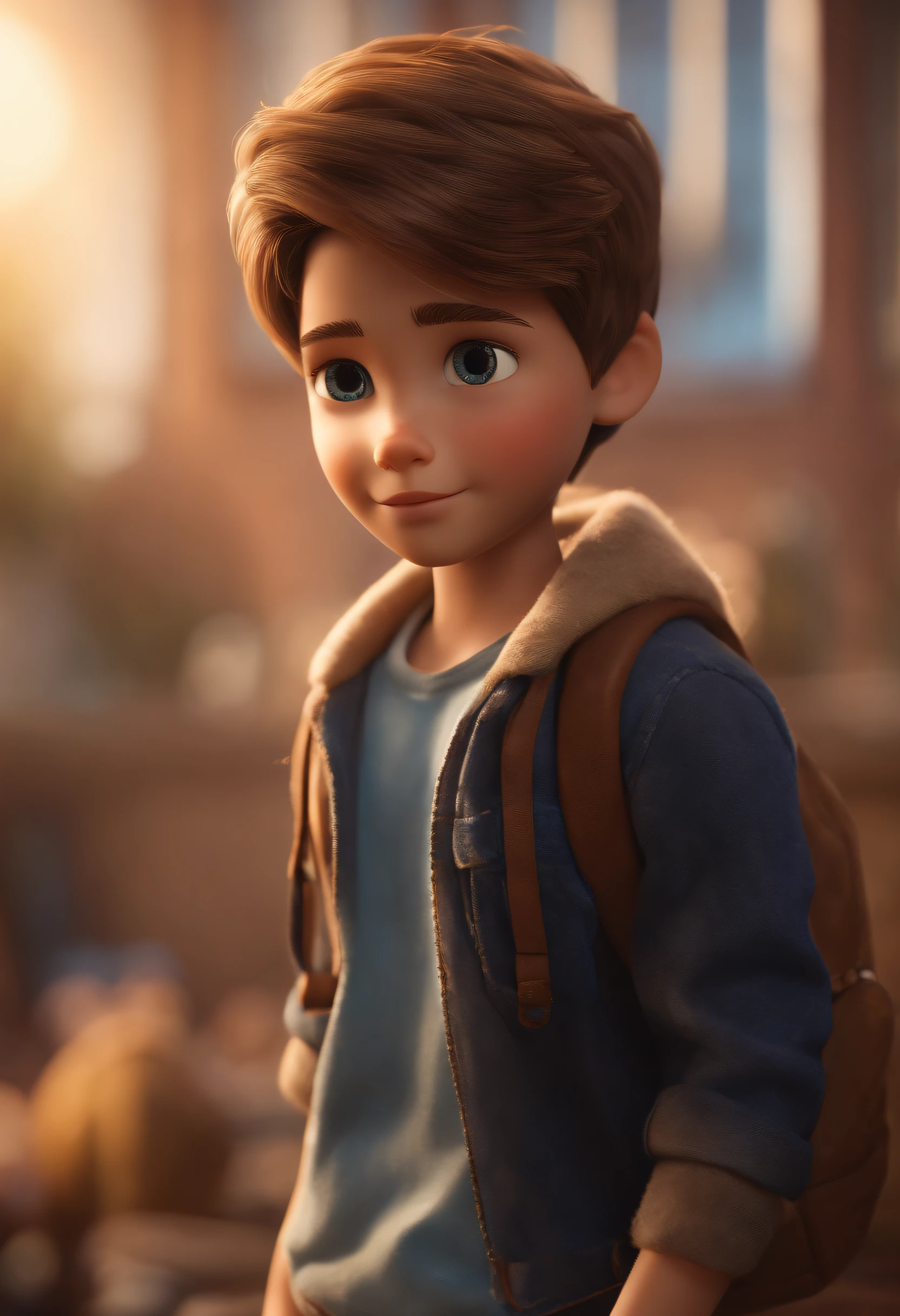 Boy 10 years old style and features of Pixar movie doll short light hair ,rosto fino, Messy gradient haircut Thick eyebrow, corpo e rosto magro, sorriso simples , nariz fino alongado, majo