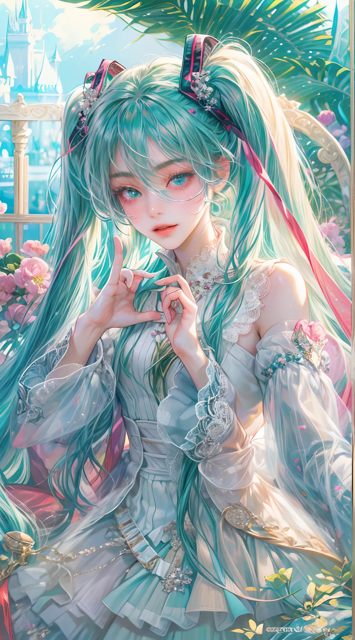 Absurdres masterpiece HDR high quality picture of Hatsune Miku, very young age girl 14 years old with detailed face, simple hair design , beautiful face, simple pose hands hiding in her long hair and clothes, very long hair, ((random hair style:1 )) , anime eyes, light skin ,
Disney Princess outfit , detailed hair ornaments , beautiful background, masterpiece scenery