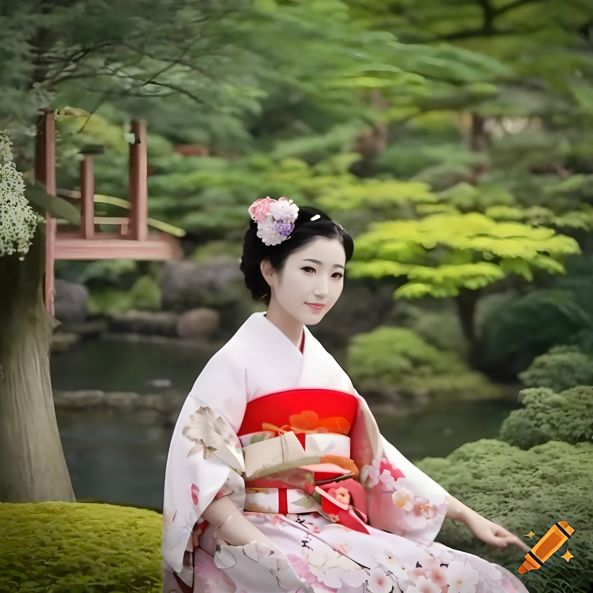 Mulher de Araffe em um quimono sentado em uma rocha em um jardim, mulher japonesa elegante, Mulher japonesa, traditional japanese, japanesepopartstyle, gueixa japonesa, geisha photo portrait, Gueixa habilidosa dos japoneses, Japanese kimono, Deusa japonesa, japanesepopartstyle, Japanese, Fantasia japonesa, Roupas tradicionais de gueixas, japanese heritage, Gueixa da beleza