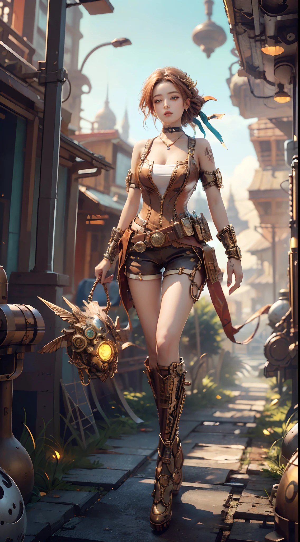 ((​masterpiece:1.4)、(top-quality:1.4)、(reallistic:1.7))、masuter piece:1.4、(Top-of-the-line rendering:1.4)、(steampunc:1.4)、Ultra-realistic portraits of Quito, The beautiful queen of the galactic frontier planet Caval、Super beautiful girl queen、((1girl in:1.4))、Shiny natural skin texture、(Steampunk costumes:1.4)、Glossy red latex bikini:1.4、Leather belt at waist:1.4、(An outfit that emphasizes beautiful breasts:1.4)、age19、(Cute tattoos:1.4)、(Perfect female body:1.4)、perfectly proportions:1.4、Portrait photo of a girl、(standingn:1.4)、(Full body photo:1.4)、Fantasyart、Soft front light、beautiful countenance、Beautiful udder、large full breasts:1.2、Sexy ass、A detailed eye、Beautiful and attractive eyes、beautidful eyes、Narrow waist、beauty legs、Raw photo、red-lips、Red high heels、(tiarra:1.4、a choker:1.4、a necklace:1.4、耳Nipple Ring:1.4)、1 screen display、A super beautiful queen standing in a steampunk palace