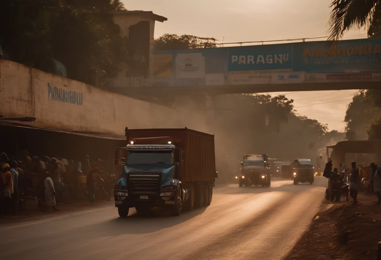 Create a BR with several trucks: Where the trucks are dropping their loads of corn on the street, where there are men loading the loads with wheelbarrows and on top of the trucks, an overpass with other trucks with the drivers outside at dusk of the sun and a sign of welcome to Paranaguá, highlight the sign as the main sign of the entrance to the city in this 8k image