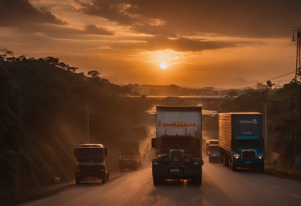 Create a BR with several trucks: Where the trucks are dropping their loads of corn on the street, where there are men loading the loads with wheelbarrows and on top of the trucks, an overpass with other trucks with the drivers outside at dusk of the sun and a sign of welcome to Paranaguá, highlight the sign as the main sign of the entrance to the city in this 8k image